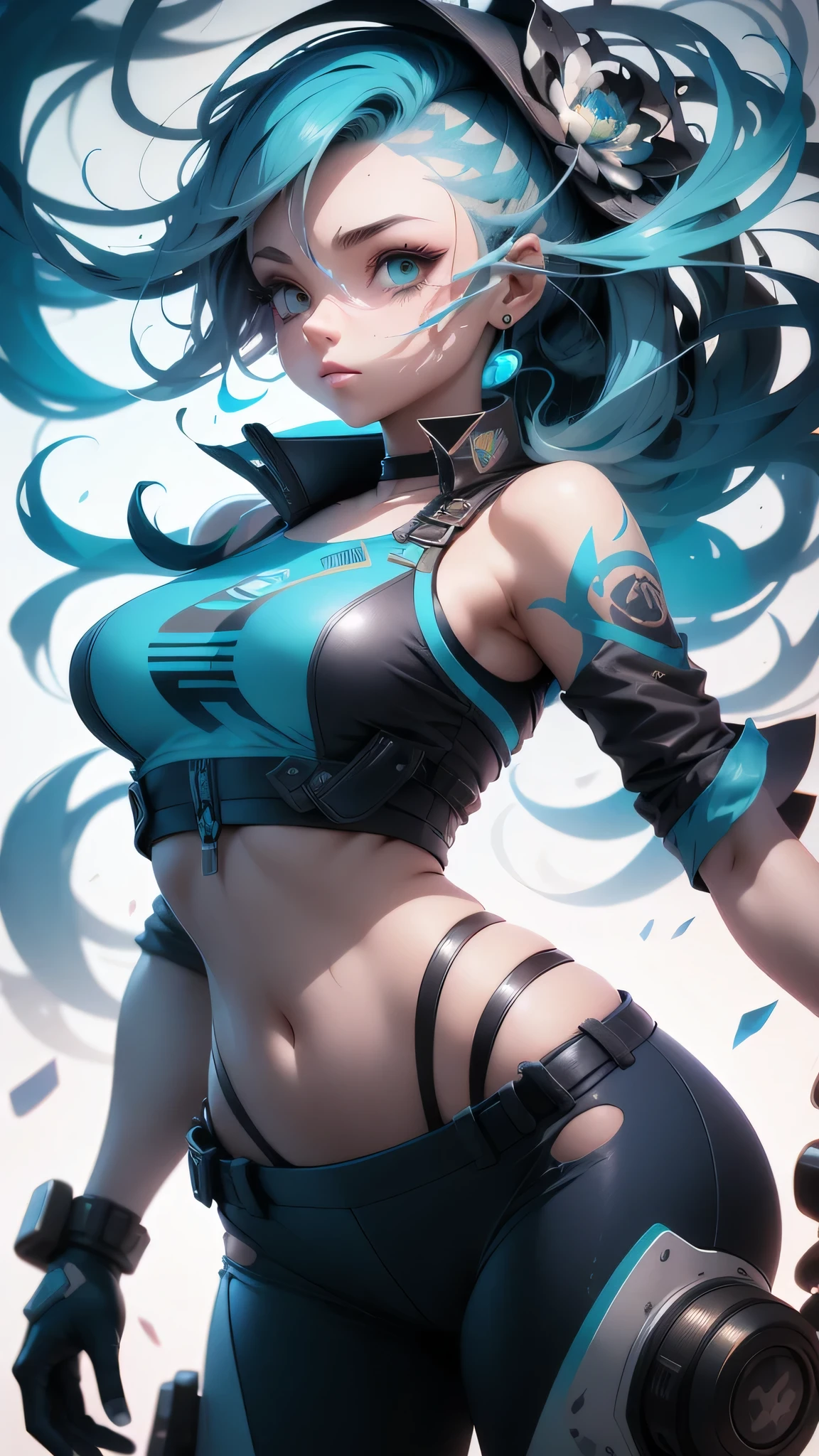 samdoesarts style award winning half body portrait of a beautiful woman in a croptop and cargo pants with ombre navy blue teal hairstyle with head in motion and hair flying, paint splashes, splatter, outrun, vaporware, shaded flat illustration, digital art, trending on artstation, highly detailed, fine detail, intricate