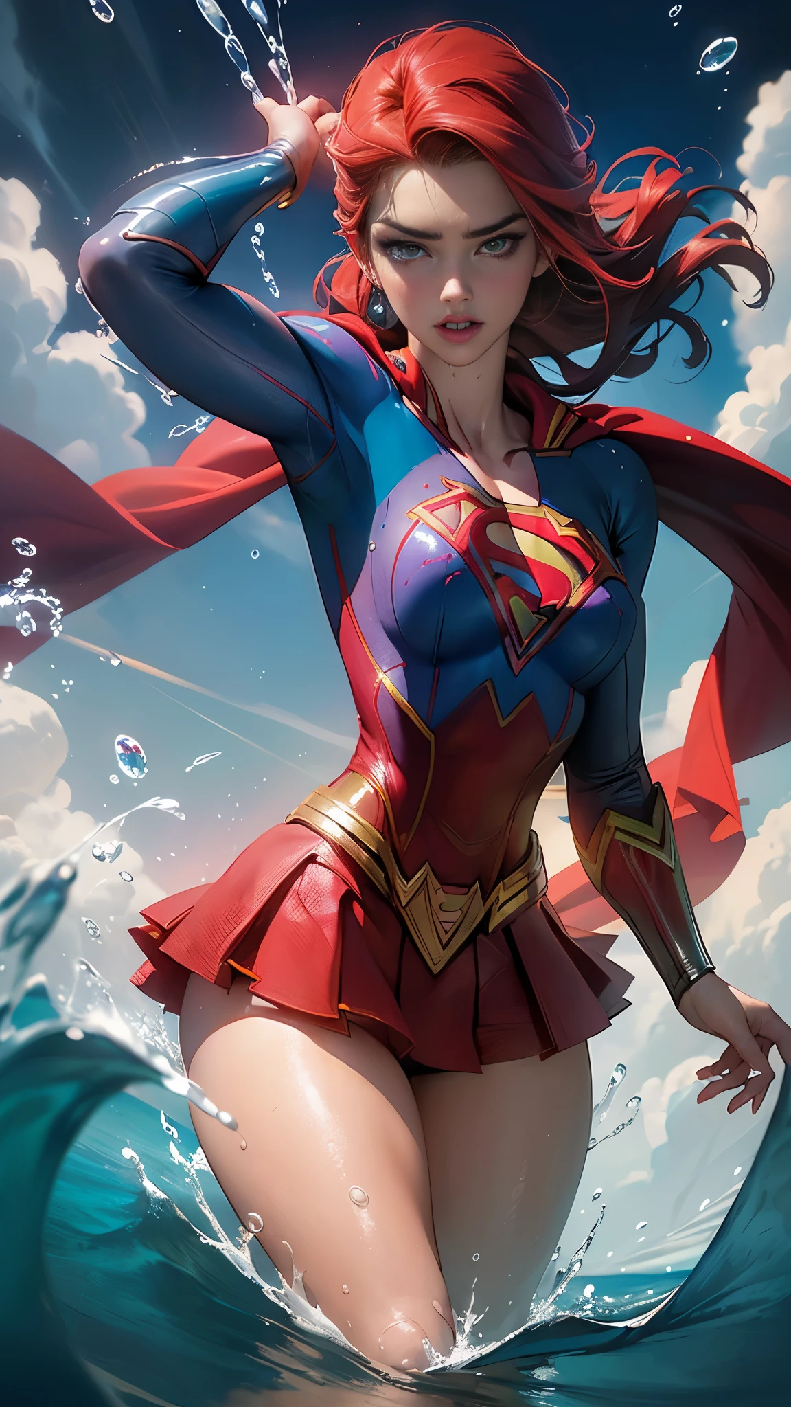 (Best quality,A high resolution,Ultra Detailed,Practical), She has the face of Amber Heard Wonder Woman ,(Long red hair), (Ultra HD, 8k wallpaper, high resolution), light, Physically Based Rendering, Grant, Extremely delicate skin, The face is particularly detailed, Underwear tights , Normal breast, ella porta un uniforme de Super Girl super man, Carl Zeiss 85mm F/1.4,, (Underwater color:1.4) ,(Beautiful blue eyes), (Cowboy pose ), (Practical) ,High-quality 8K detailed art, Best ArtStation Fan Art, Fantasy art style , (Super Girl:1.4), (fish on the bottom of the sea ), (Amber HEARD de Super Girl:1.4), (underwater bubbles:1.4) ,(Long red hair:1.4), (Red hair) ,(Super Girl:1.4), (Red mini skirt:1.4), (Ragged red shirt:1.4), (Background crystal giant white quartz:1.5) ,(White quartz crystal) ,(Convex, Detailed fingers), (uniforme white Super Girl ), (White grey long hair:1.4)