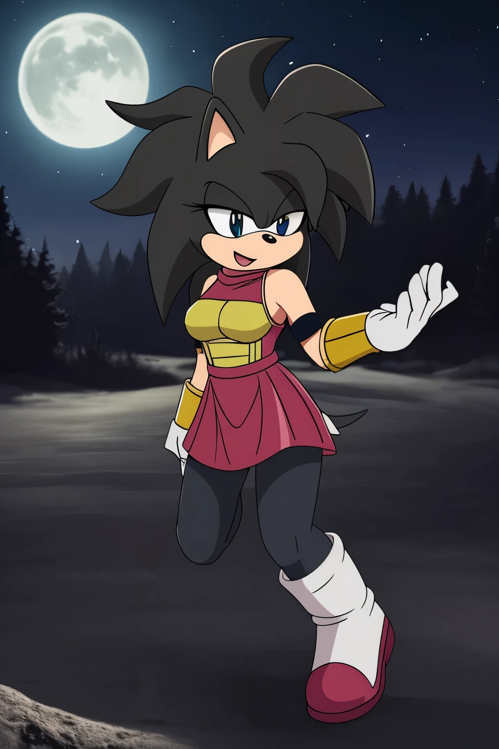 ((Gine as a Mobian)), ((Hedgehog)), gine, 1girl, shadow, solo, long hair, breasts, closed, night sky, ((black fur)), black hair, black eyes, bare shoulders, full body, short hair, cowboy shot, clenched hand, spiked hair, (greenish teal saiyan armor), saiyan skirt, black pantyhose, bracer, monkey tail
