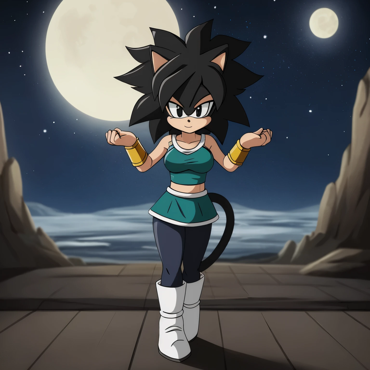 ((Gine as a Mobian)), ((Hedgehog)), gine, 1girl, shadow, solo, Gine styled hair, breasts, closed, night sky, ((black fur)), black hair, black eyes, bare shoulders, full body, short hair, cowboy shot, clenched hand, spiked hair, ((greenish teal saiyan armor)), ((greenish teal saiyan skirt)), dark blue pantyhose, bracer, black colored monkey tail, ((2D Anime Style))