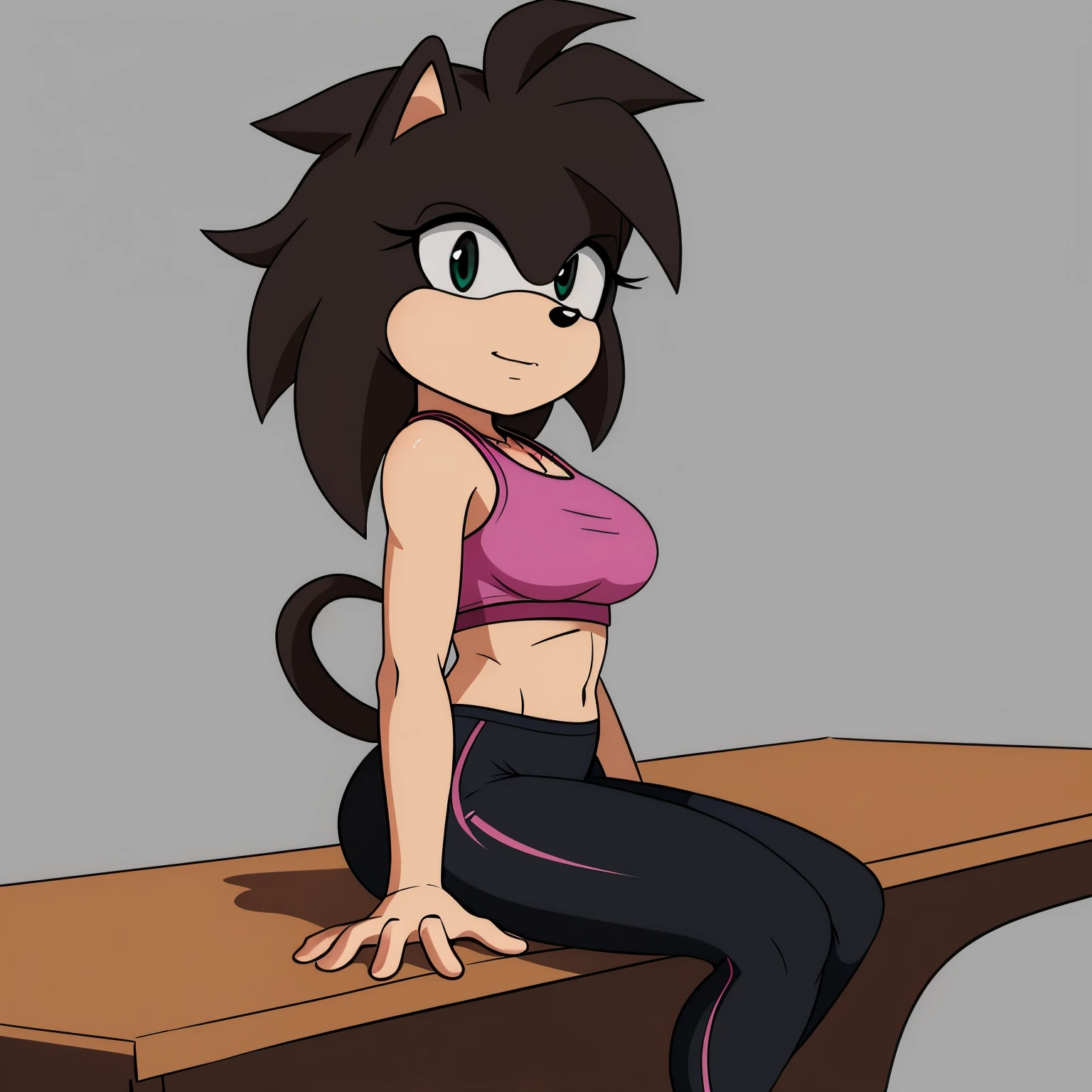 ((Gine as a Mobian)), ((Hedgehog)), gine, 1girl, shadow, solo, Gine styled hair, breasts, ((black fur)), black hair, black eyes, bare shoulders, full body, short hair, cowboy shot, spiked hair, ((black sports bra)), ((black yoga pants)), black colored monkey tail, leaning against a table, ((2D Anime Style))
