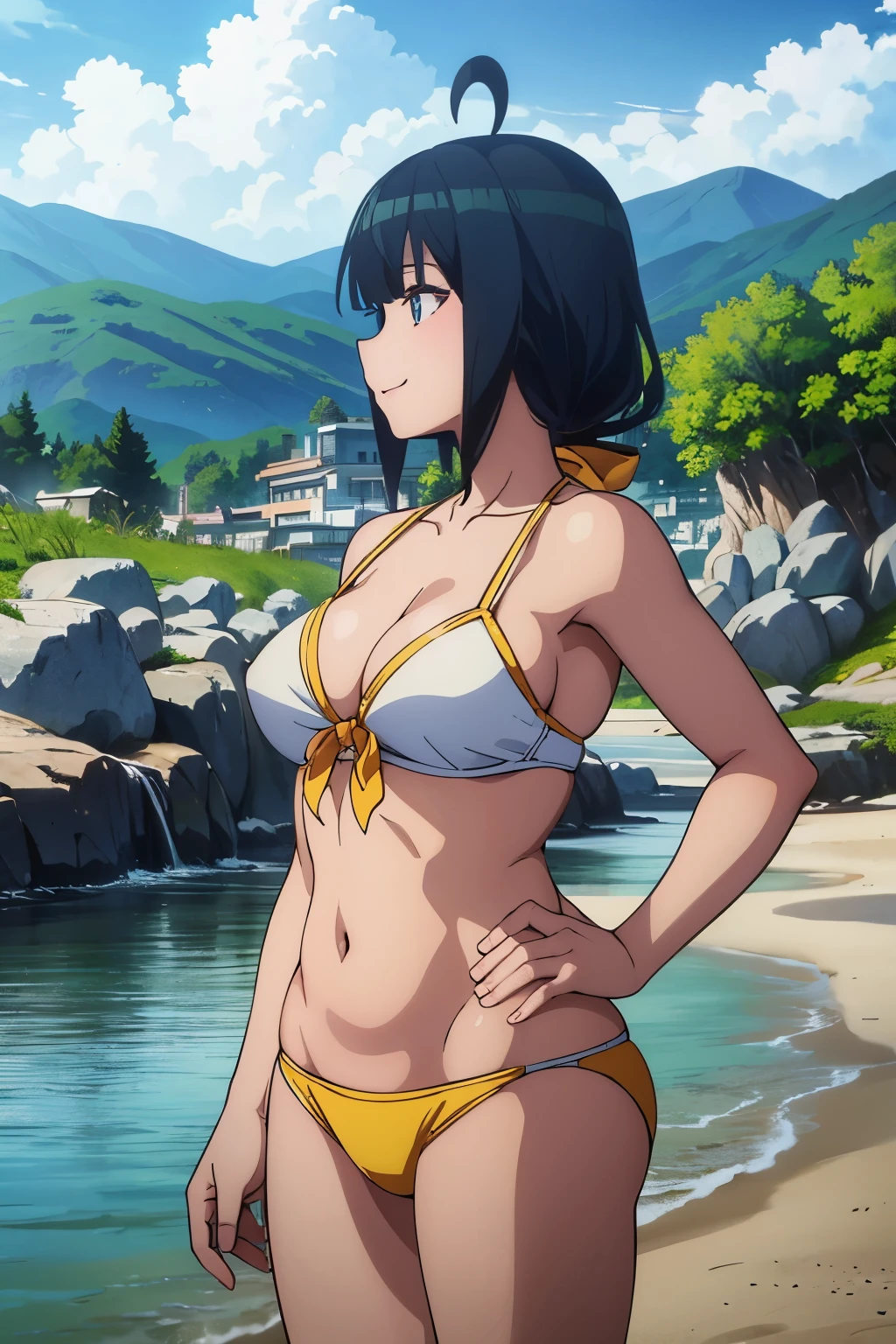 high resolution、masterpiece、anime style、Anime style, ponnashi,jippenshia nashiko,bikini,large breasts,beach,sea,smile,5 fingers