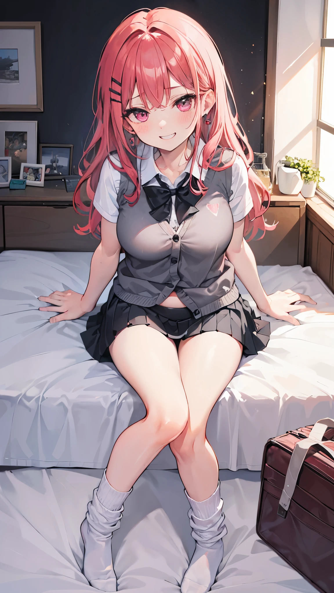 (8K、Highest image quality、highest quality、masterpiece)、detailed face、One girl with pink hair、long hair、wavy hair、Red hairpin、pink eyes、earrings、evil smile、(Show your fangs and grin)、big breasts、((black lace bra))、((short sleeve white shirt))、((black sleeveless cardigan))、((black micro mini skirt:1.5))、white socks、sit on the bed、Taken from above、bedroom background