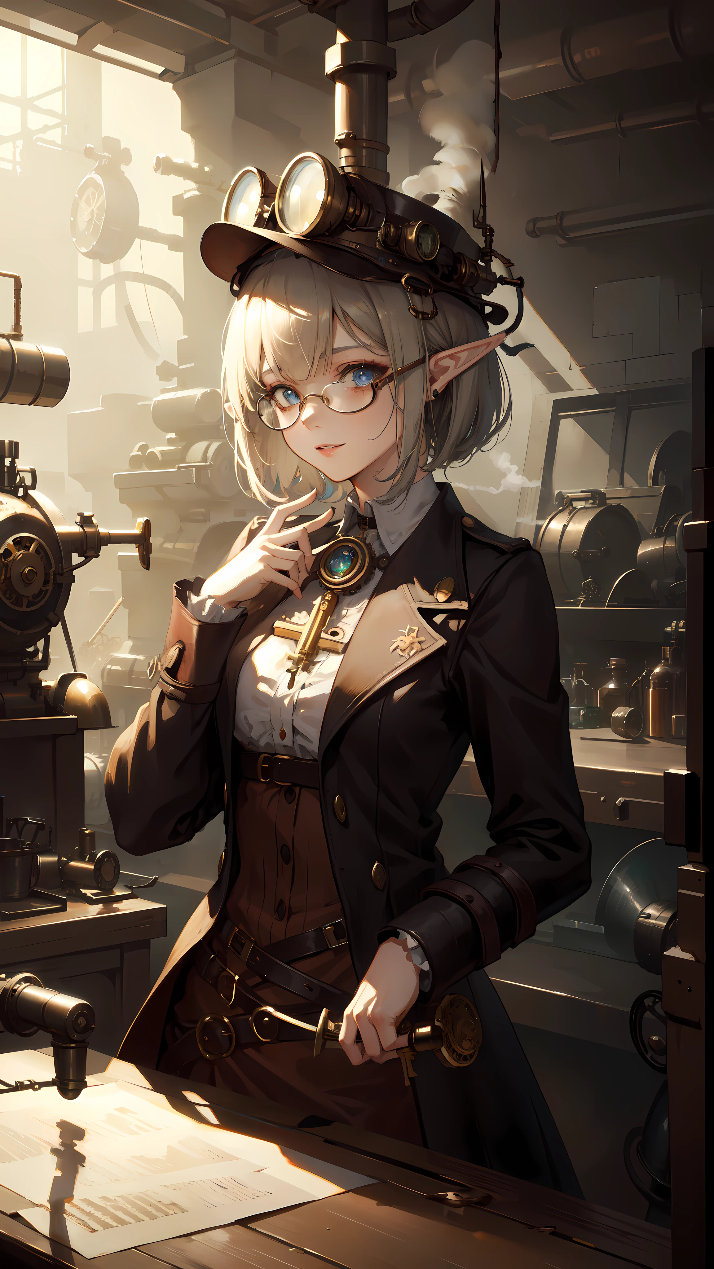 ((masterpiece )), (top quality), (best quality), ((ultra-detailed, 8k quality)), Aesthetics, Cinematic lighting, (detailed line art), Beautiful digital artwork, Exquisite digital illustration, absurdres,
BREAK,
beautiful elf girl using tools next to a desk, in a factory, Workshops, waterr pipe, water tank, 18 century, (steampunk helmet with goggles), steampunk_costume, (avairy coat), glasses, cell shading, cinematic dramatic atmosphere, high quality cell shaded illustration in Fantasy steampunk style by Yoji Shinkawa, detailed and intricate environment, artstation, concept art, fluid and sharp focus, by ((Mikimoto Haruhiko)),
BREAK,
(best shadow), intricate details, interior, dark studio, muted colors, key spring-enhanced, clockwork, bronze, copper, steel, dangerous, sharp, (steam punk), SteamPunkAI,
BREAK,
highly detailed of (elf), (1girl), perfect face, details eye, Bob cut hair, Blunt bangs, (hair between eye), blonde white hair, blue eyes, eyelashes, eyeshadow, pink eyeshadow, smile, design art by Artgerm, by Kawacy, By Yoshitaka Amano,
BREAK,
((perfect anatomy)), nice body, medium breast, (extremely detailed finger), best hands, perfect face, beautiful face, beautiful eyes, perfect eyes, (perfect fingers), correct anatomy,