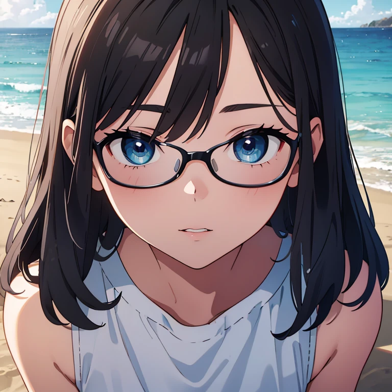 (best quality,4k,8k,highres,masterpiece:1.2),ultra-detailed,realistic,portrait,beautiful detailed eyes,beautiful detailed lips,extremely detailed face,longeyelashes,black hair,glasses,girl sitting at the beach,sunlight reflecting on the ocean waves,soft sandy beach,gentle sea breeze,ocean view,seagulls flying in the distance,peaceful atmosphere,vivid colors,calm and serene ambiance