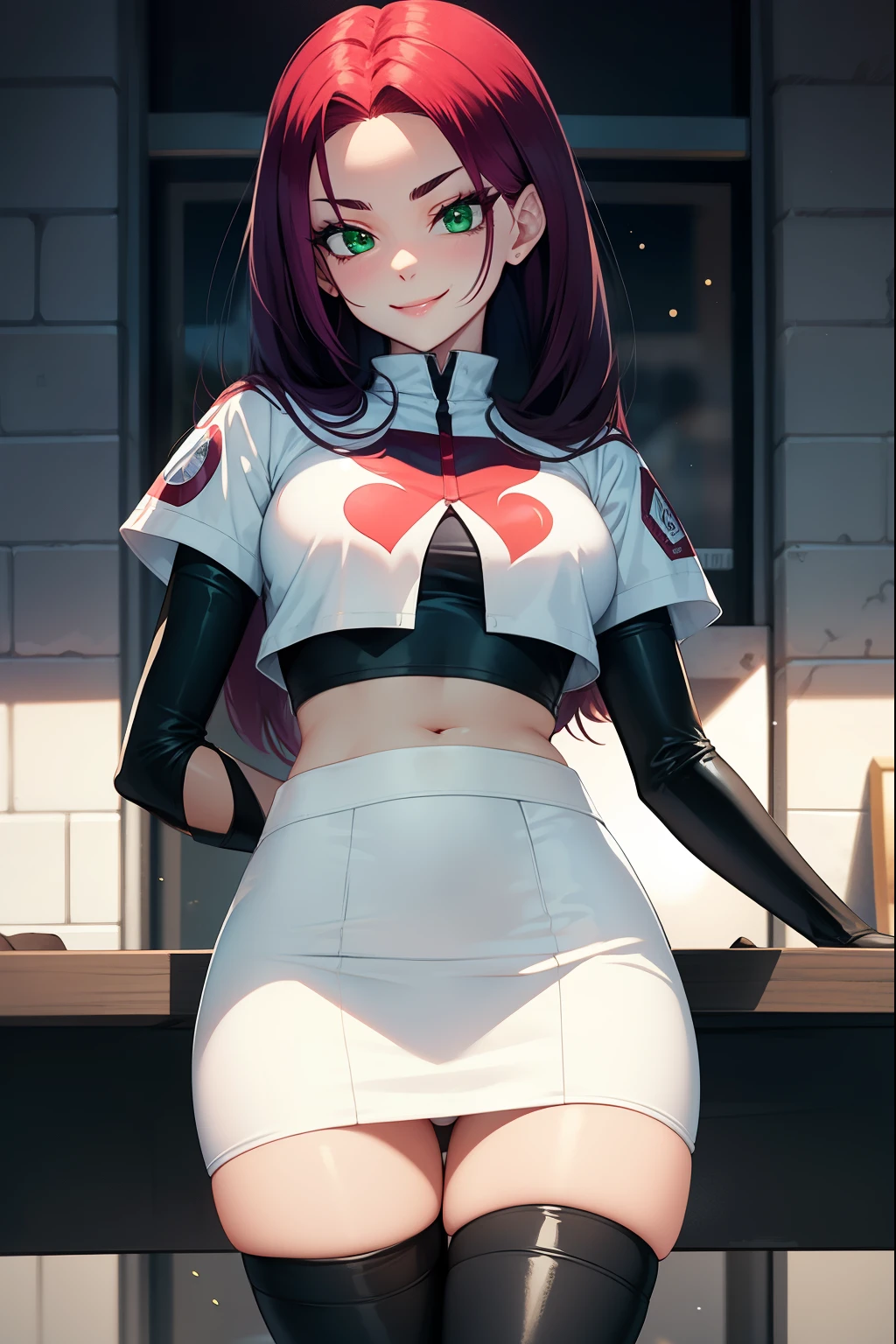 Dorothea, green eyes, glossy lips ,Team Rocket,Team Rocket uniform, red letter R, white skirt,spread legs、show white panties,white crop top,black thigh high boots, black elbow gloves , looking at the viewer, evil smile, fold your arms