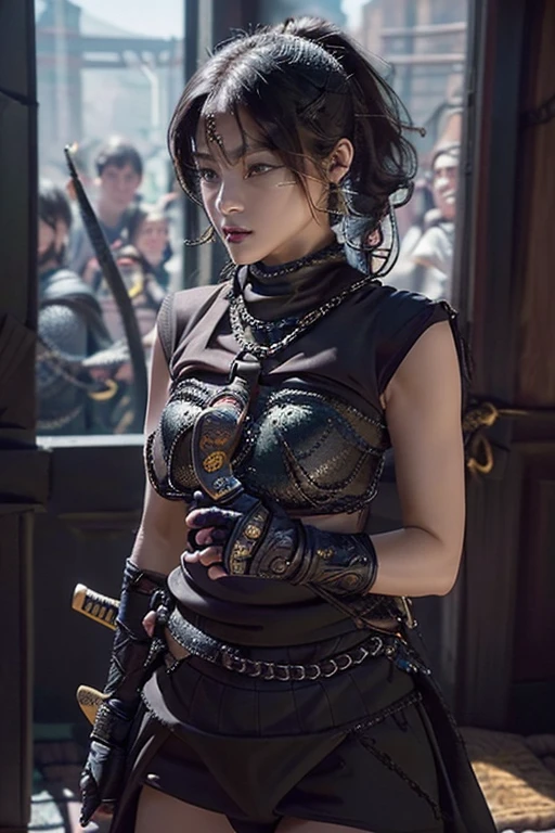 Extremely detailed CG unity 32K wallpaper, top quality, masterpiece, raw photo, photorealistic, highest resolution, professional photo, dynamic, cinematic lighting, (dynamic, fantasy:1.4), sharp focus, depth of field, (perfect body, correct anatomy:1.5), intricately detailed face, expressive face, POV, (from front:1.3), 1 girl, Japanese woman, ((assassin of evil kingdom:1.3)), solo, cowboy shot, black hair, (ponytail, short hair:1.2), ultra-realistic skin, highly detailed eyes, dark eyes, beautiful nose and lips, expressionless, ((chain mail:1.5)), (slender, beautiful breast:1.4), (perfect body proportion:1.5), ((fighting, holding a short katana:1.4)), ((indoor, Japanese fortress, human dead bodies in background:1.2))