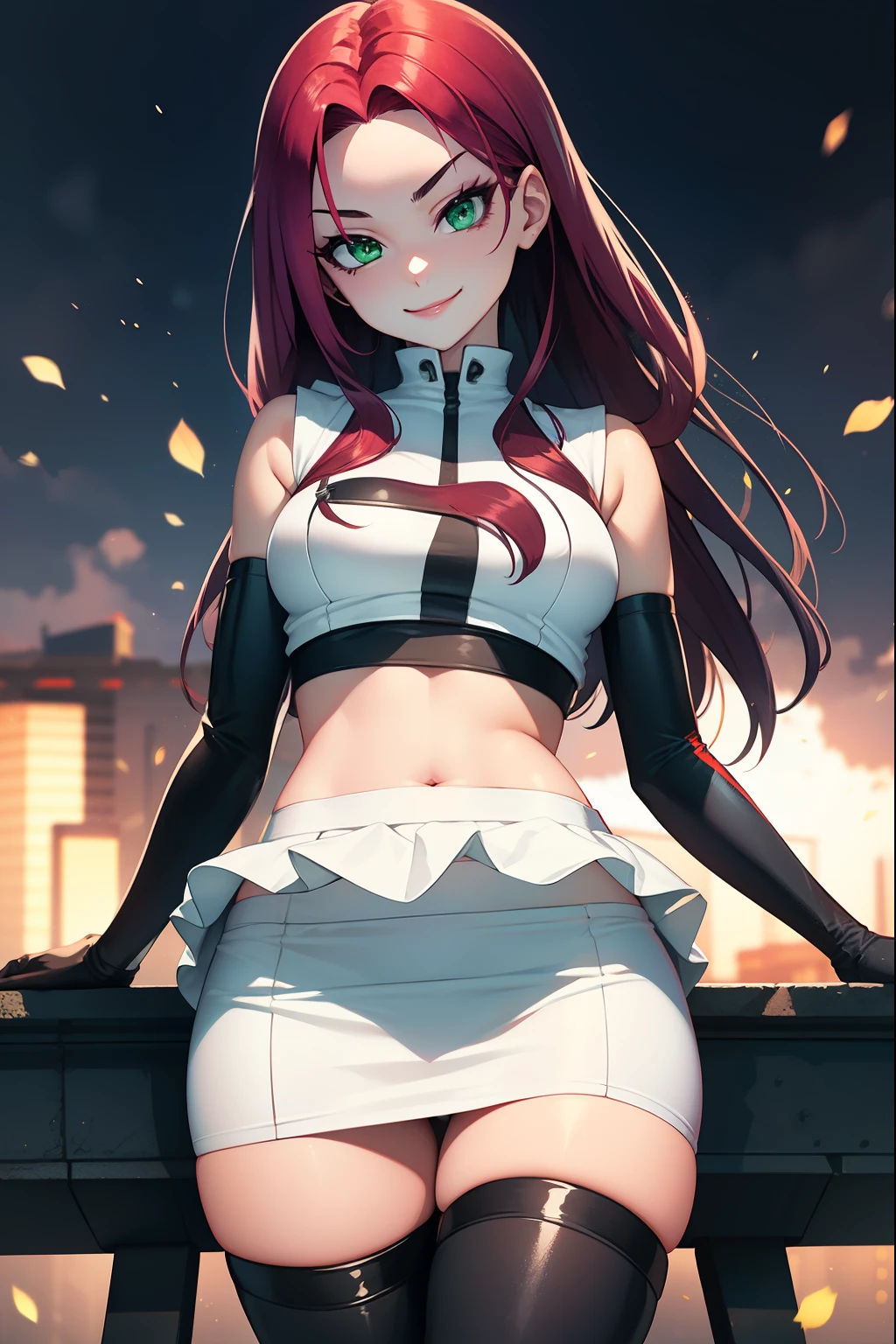 Dorothea, green eyes, glossy lips ,Team Rocket,Team Rocket uniform, red letter R, white skirt,spread legs、show white panties,white crop top,black thigh high boots, black elbow gloves , looking at the viewer, evil smile, fold your arms