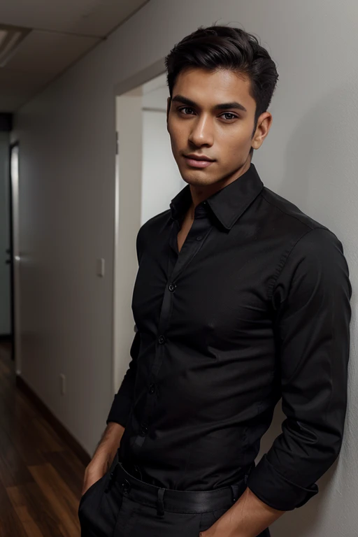 Photorealistic shot of a skinny man in a black shirt and grey pants posing for a picture, wearing a black button up shirt, lean man with brown tan skin, male skinny model, 19 year old black indian male, full body portrait shot, handsome chin, wearing a black shirt, mid-shot , wearing black shirt, well-groomed model, young man with very short hair, handsome male, medium shot portrait, short combed hair, professional look, lean body, office look, gradient background