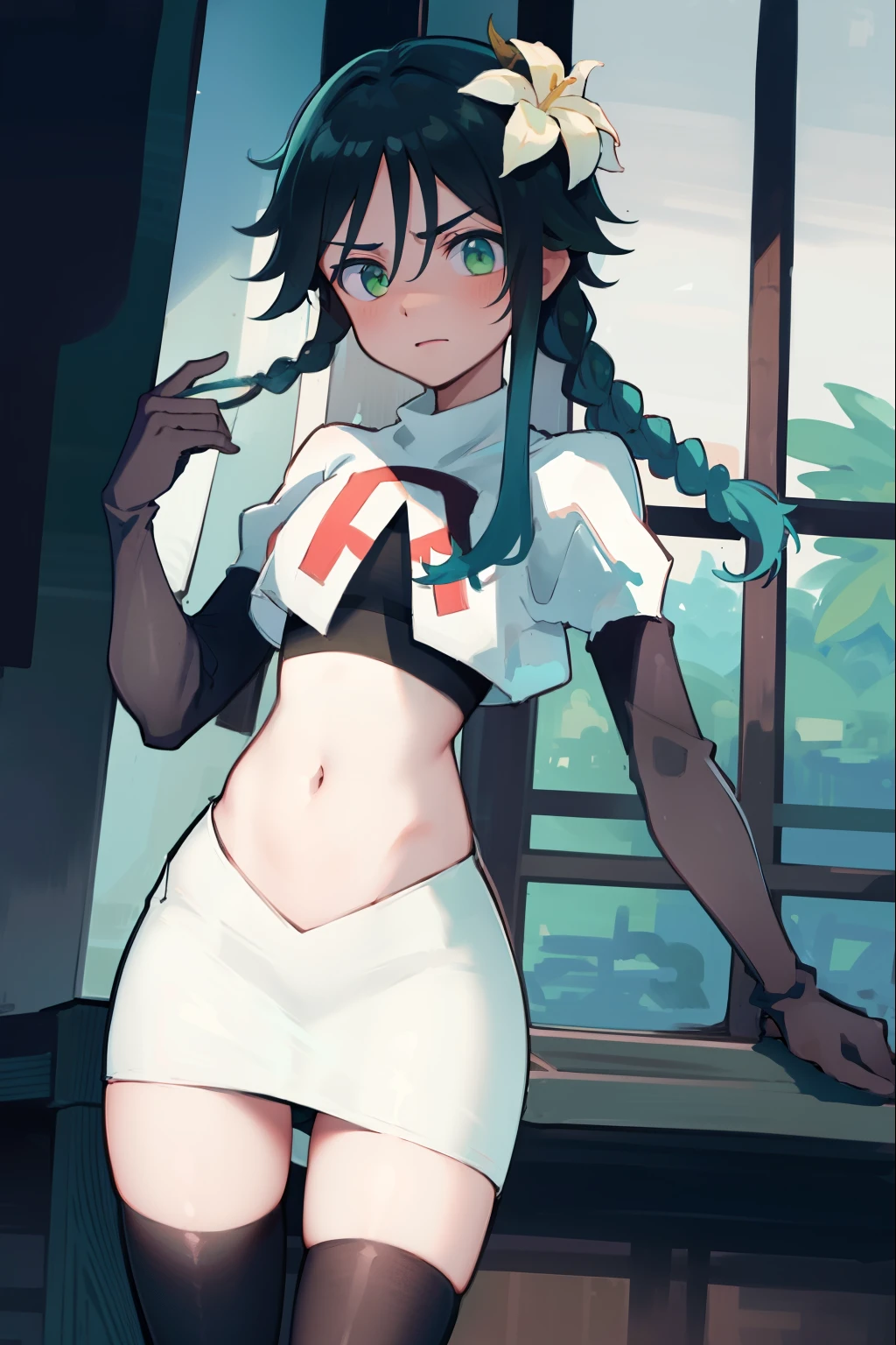 absurdres,venti,1boy, male focus, trap,black hair, green-blue hair, hair braid,hair flower,aqua green eyes,crossdressing,1boy,team rocket,team rocket uniform,white skirt,red letter R,crop top,black thigh-highs,black elbow gloves, embarrassed, blush