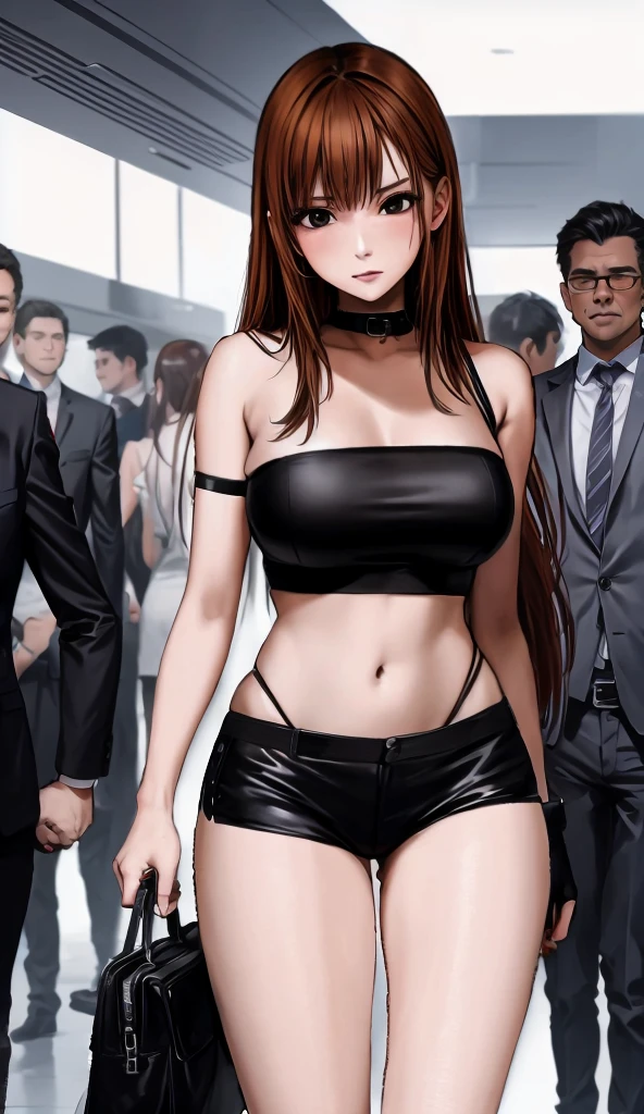 A beautiful adult woman with shoulder-length big breasts, beautiful legs, and a sharp face is standing with middle-aged men in suits on a crowded train wearing a black tube top that exposes her navel and hot pants shaped like black panties.。