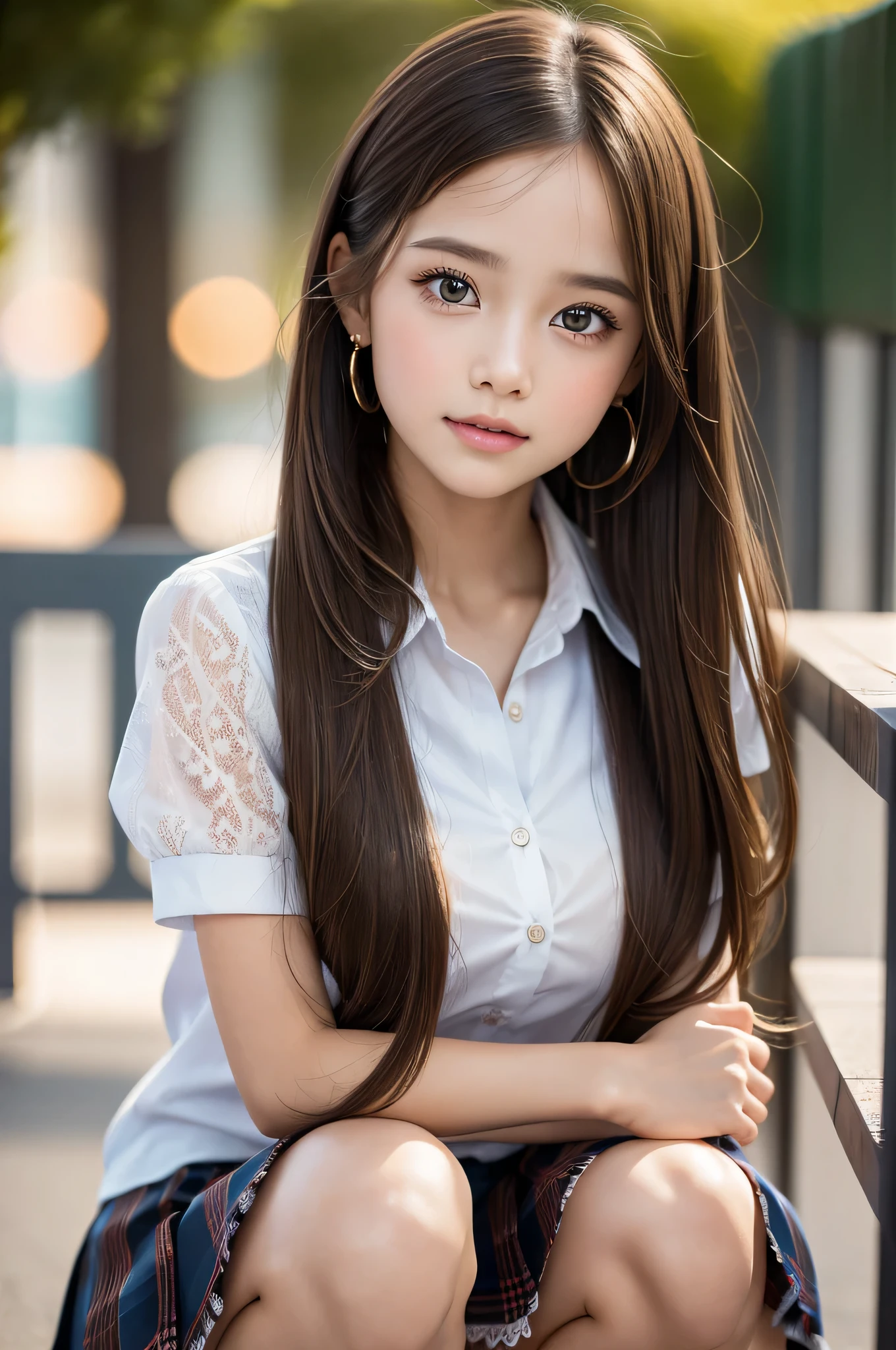 (1ung girl), (highly detailed Beautiful face), Amazing face and eyes, (Best Quality:1.4), (Ultra-detailed), (extremely detailed CG unified 8k wallpaper), Highly detailed, High-definition raw color photos, Professional Photography, Realistic portrait, Amazing face and eyes, Pink eyes, (hi-school uniform, pleated mini skirt:1.3), (High school uniform with wide open breasts:1.4), twintails, brown hair, model, (((Bokeh))), depth of fields, School, classroom, (squatting:1.2), (lace panties:1.2), view from below
