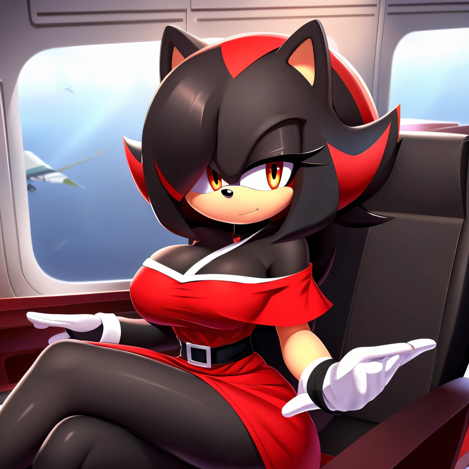 Mobian, female, (hedgehog similar to Shadow the Hedgehog but female), feminine eyelashes, large breasts, black fur, hair bangs, perfect feminine figure, intricate details, (detailed background), anime style, row of airplane seats, sharp focus, serious, furry female, (solo), hair over one eye, ((short white off-shoulder dress)), long white gloves, a black sash belt, tight dark red business skirt, dark red heels