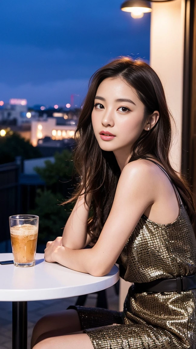 Dark brown hair、Light brown eyes、Japanese actress、 Lady、I am about 40 years old.....、(Intricate details:1.2)、(Which is the top?????:1.4)、 (Ultra-high resolution:1.2)、Ultra-high resolution、(Finely tuned)、(Detailed facial features)、Hmph、8K resolution、D cup size breasts、Long Hair、Rooftop Bar、Night view、Extravagant space、relax、、,Full body photo、Head to toe shot、Beautiful feet、Camisole dress、Beautiful feet、she, Fashion Hub, Attention to detail, Very detailed, Realistic, Hourglass Shaped Body, Obscene pose,、、私 cry a lot、tears、diagonally from below、please lift your chin、Put your butt against the wall、relaxした表情、Pose of Weakness、(auraroid photo:1.2)、From outside the window、A masterpiece of transparent painting、8K、32k、Highest quality、(Details of both eyes)、1 Girl、elegant、(Loose black dress :1.4)、Night view。(Low - Angle、Look up and look at me:1.2)、Hilarious、Looking into the camera、