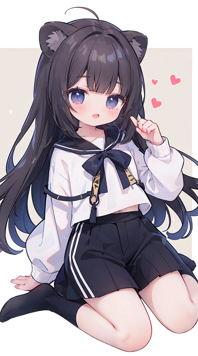 1girl, best quality, perfect hands, black rabbit ears, rabbit girl, smile, black hair, very long hair, twintails, hair bow, solo, blue eyes, hair ornament, black hoodie with cyan, short sleeves, black pleated skirt, very short skirt, white thighhighs, white garter straps, jingle bell, bow, carrot hair ornament, white beret, blushed face