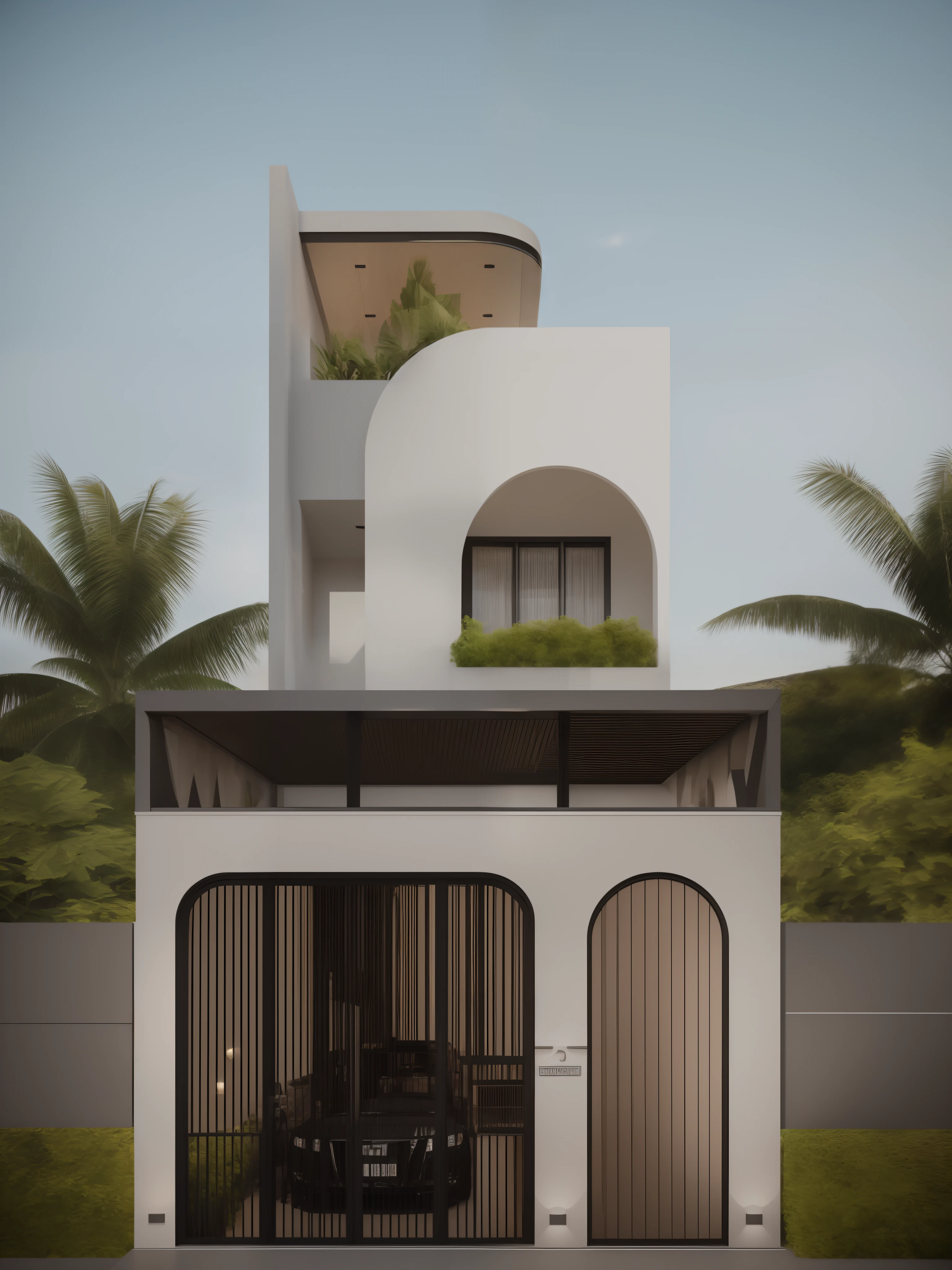 - 1 mordenhouse with curev shape, front eleviview of the house, look morden minimalist, (((1 road in front of the house:1.3))), the planter has many white chrysanthemums:1.2 - (RAW photo, real, best quality, masterpiece:1.2),(hyper realistic, photo-realistic:1.2), high quality,(((hyper detail:1.5))), archdaily, award winning design - dynamic light:1.3, (dark light:1.2), perfect light, - elegant and minimalist feel, open pose