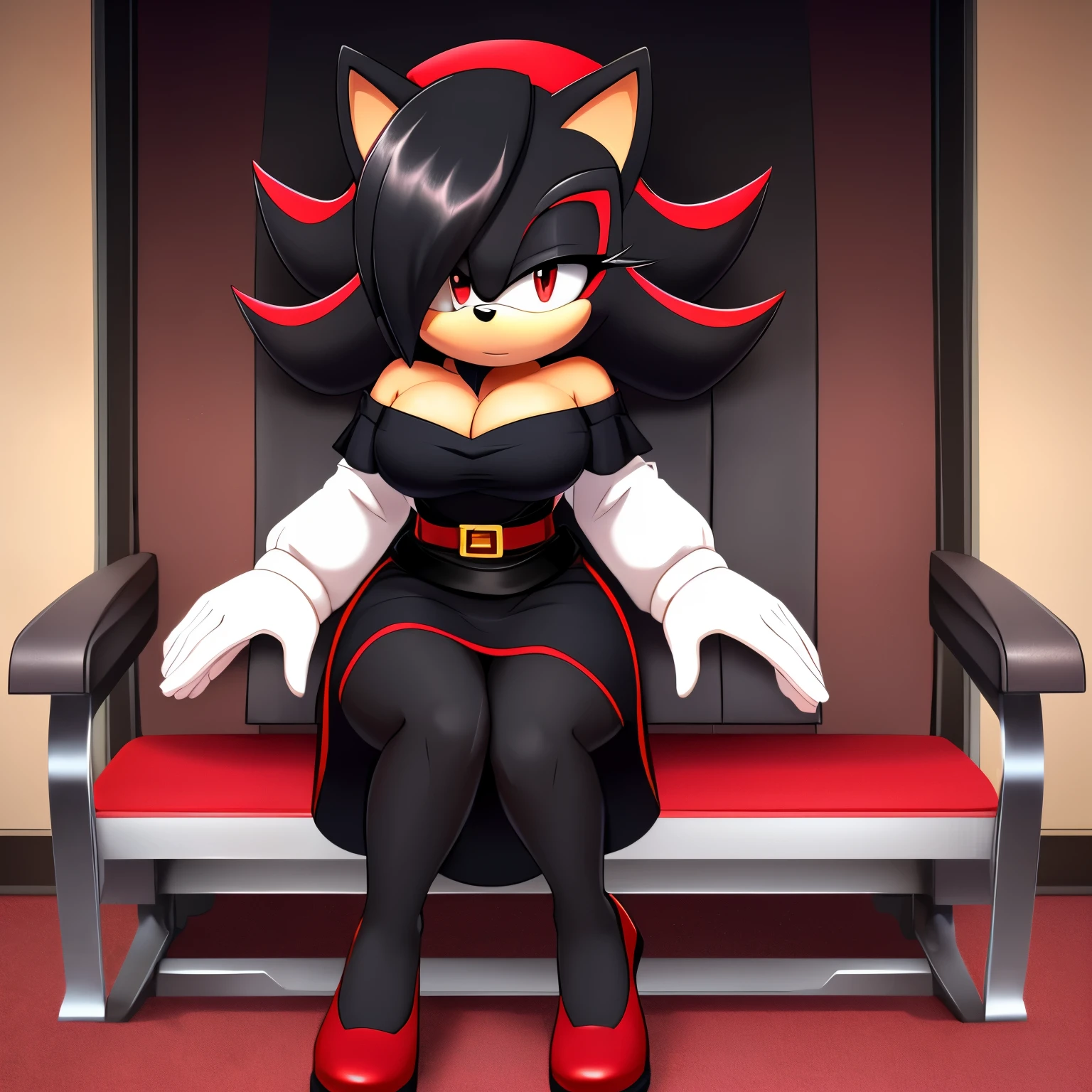 Mobian, female, (hedgehog similar to Shadow the Hedgehog but female), feminine eyelashes, large breasts, black fur, hair bangs, perfect feminine figure, intricate details, (detailed background), anime style, row of airplane seats, sharp focus, serious, furry female, (solo), hair over one eye, ((short white off-shoulder dress)), long white gloves, a black sash belt, tight dark red business skirt, dark red heels, ((full body black fur)), white tuft of chest fur above cleavage