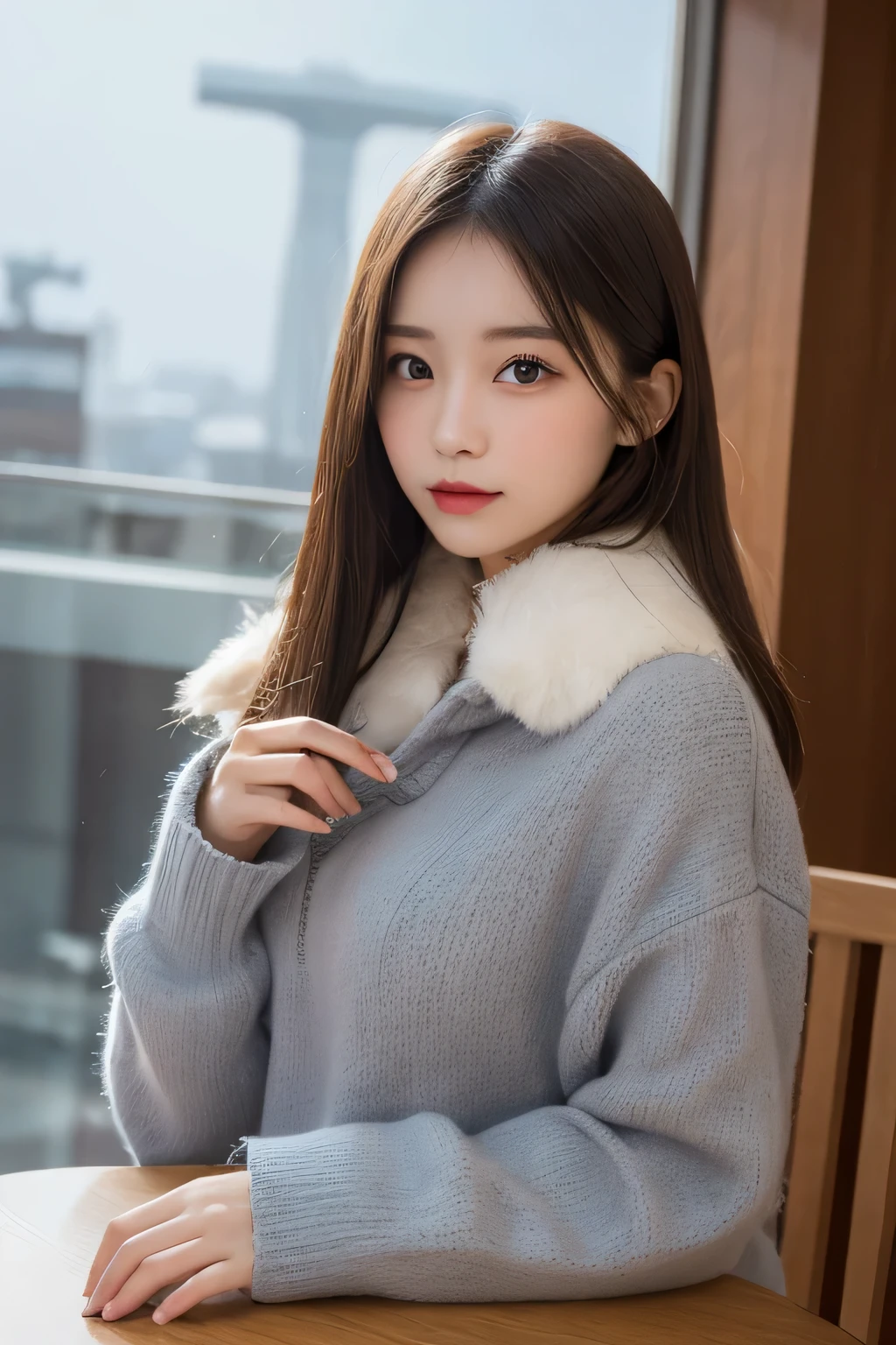 table top, highest quality, shape, Super detailed, finely, High resolution, 8k wallpaper, 完璧なダイナミックな構shape, beautiful and detailed eyes, Fluffy winter clothes with fur,medium hair,small breasts natural color lip、20 year old girl、cute、looking at camera,Slim face and body