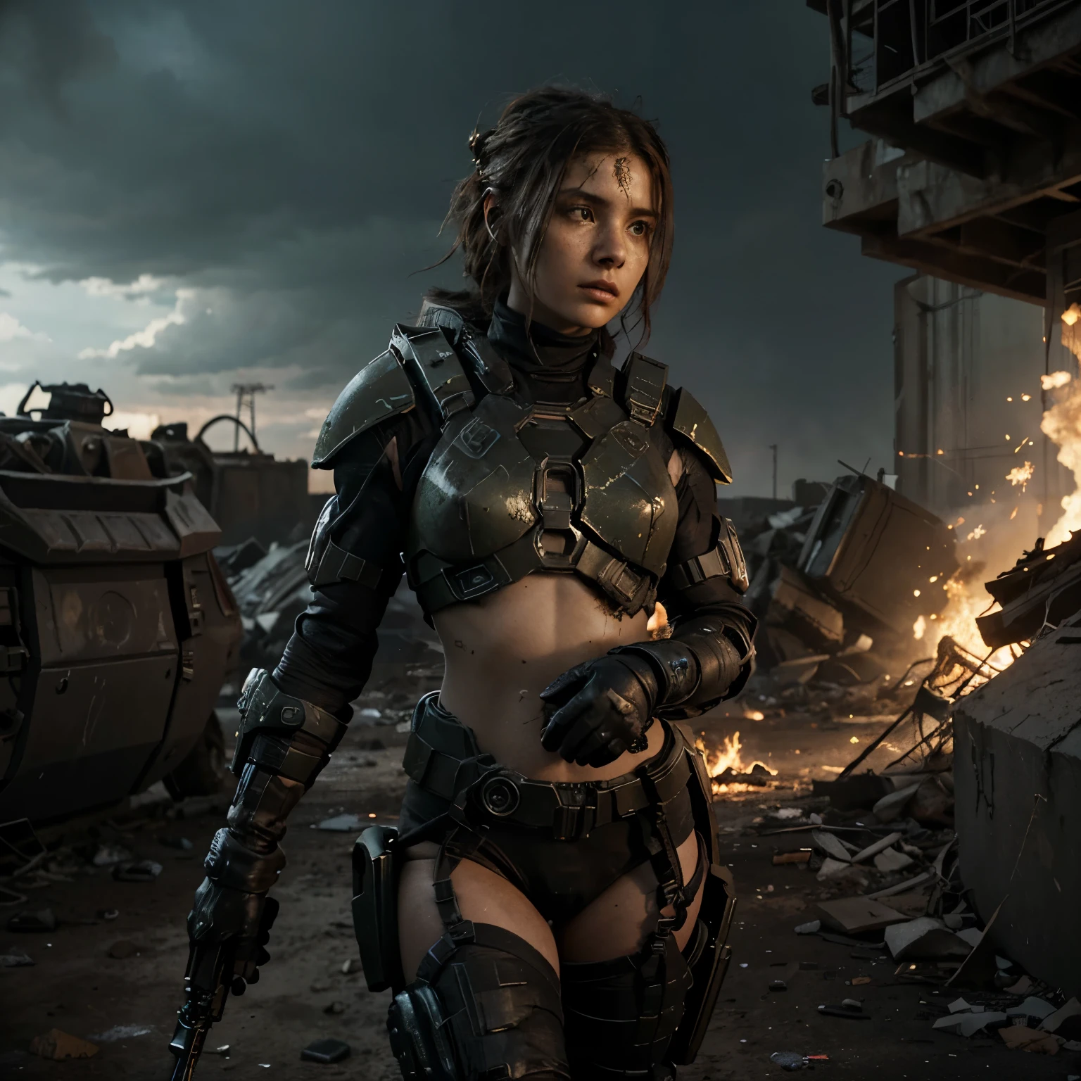RAW photograph, portrait quality, Russian girl 18 years old , short dark pink hair, wind blown hair, dusty face, clad in sheer iridescent transparent cyberpunk armor, Against the backdrop of a desolate post-apocalypse, action pose, futuristic laser rifle in hand aiming forward and shooting, destroyed buildings, Carcasses of burnt futuristic war vehicles, tracer bullet flares on background, Oppressive atmosphere, Dark skies, photo realism, sharp-focus, fallout, science fiction, cinematic scene,