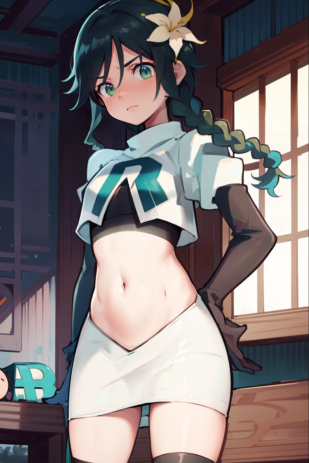 absurdres,venti,1boy, male focus, trap,black hair, green-blue hair, hair braid,hair flower,aqua green eyes,crossdressing,1boy,team rocket,team rocket uniform,white skirt,red letter R,crop top,black thigh-highs,black elbow gloves, embarrassed, blush