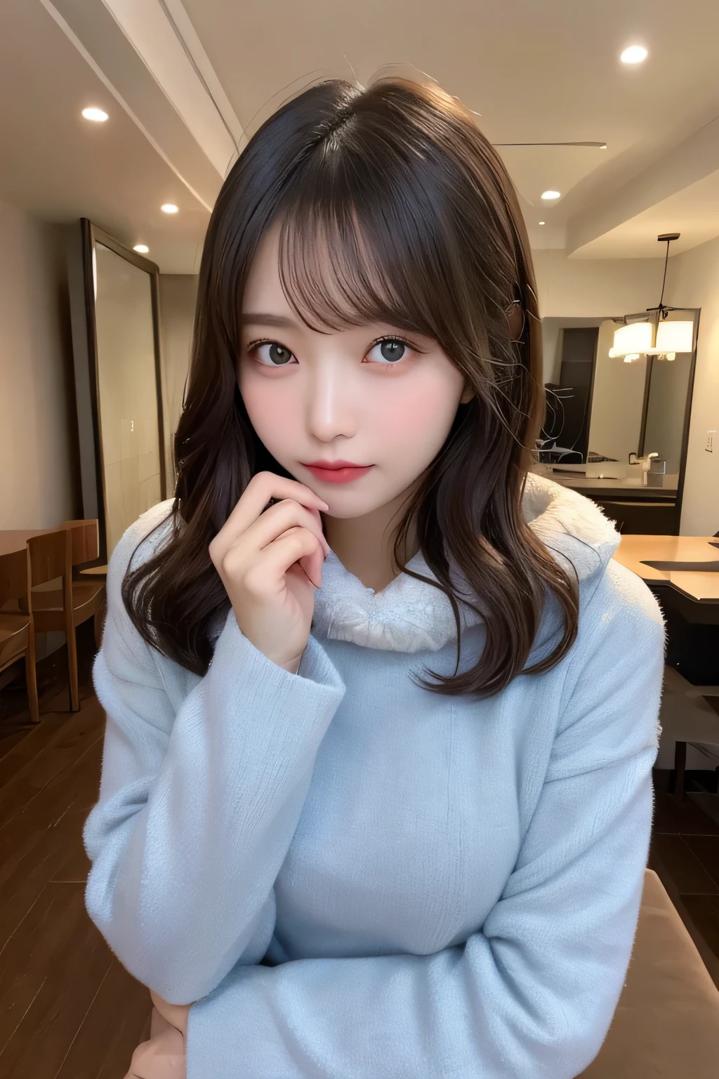 table top, highest quality, shape, Super detailed, finely, High resolution, 8k wallpaper, 完璧なダイナミックな構shape, beautiful and detailed eyes, Fluffy winter clothes with fur,medium hair,small breasts natural color lip、20 year old girl、cute、looking at camera,Slim face and body