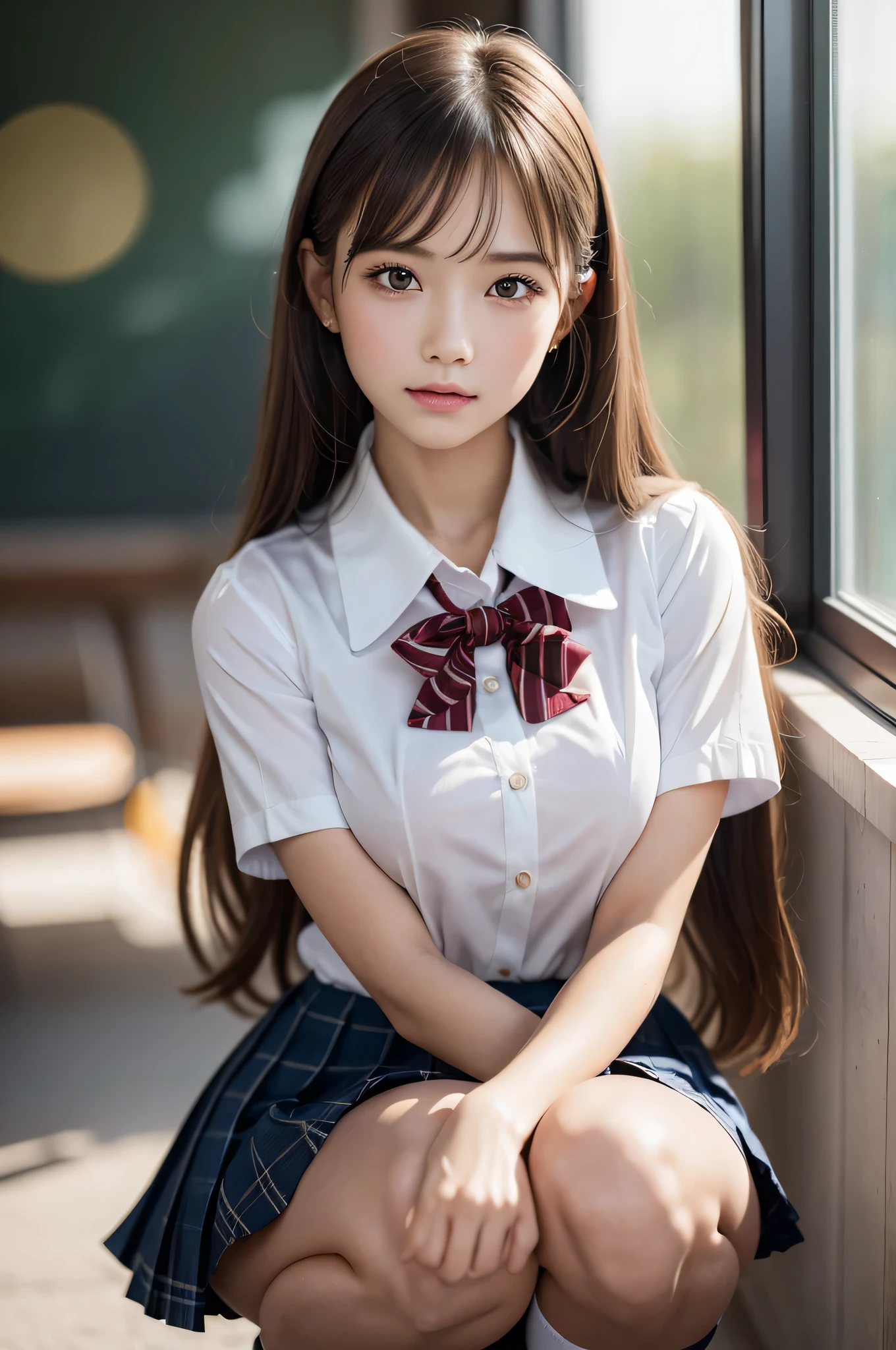 (ung girl), (highly detailed Beautiful face), Amazing face and eyes, (Best Quality:1.4), (Ultra-detailed), (extremely detailed CG unified 8k wallpaper), Highly detailed, High-definition raw color photos, Professional Photography, Realistic portrait, Amazing face and eyes, Pink eyes, (hi-school uniform, pleated mini skirt:1.3), (High school uniform with wide open breasts:1.4), twintails, brown hair, model,  (((Bokeh))), depth of fields, School, classroom, (squatting:1.2), (lace panties:1.2), view from below