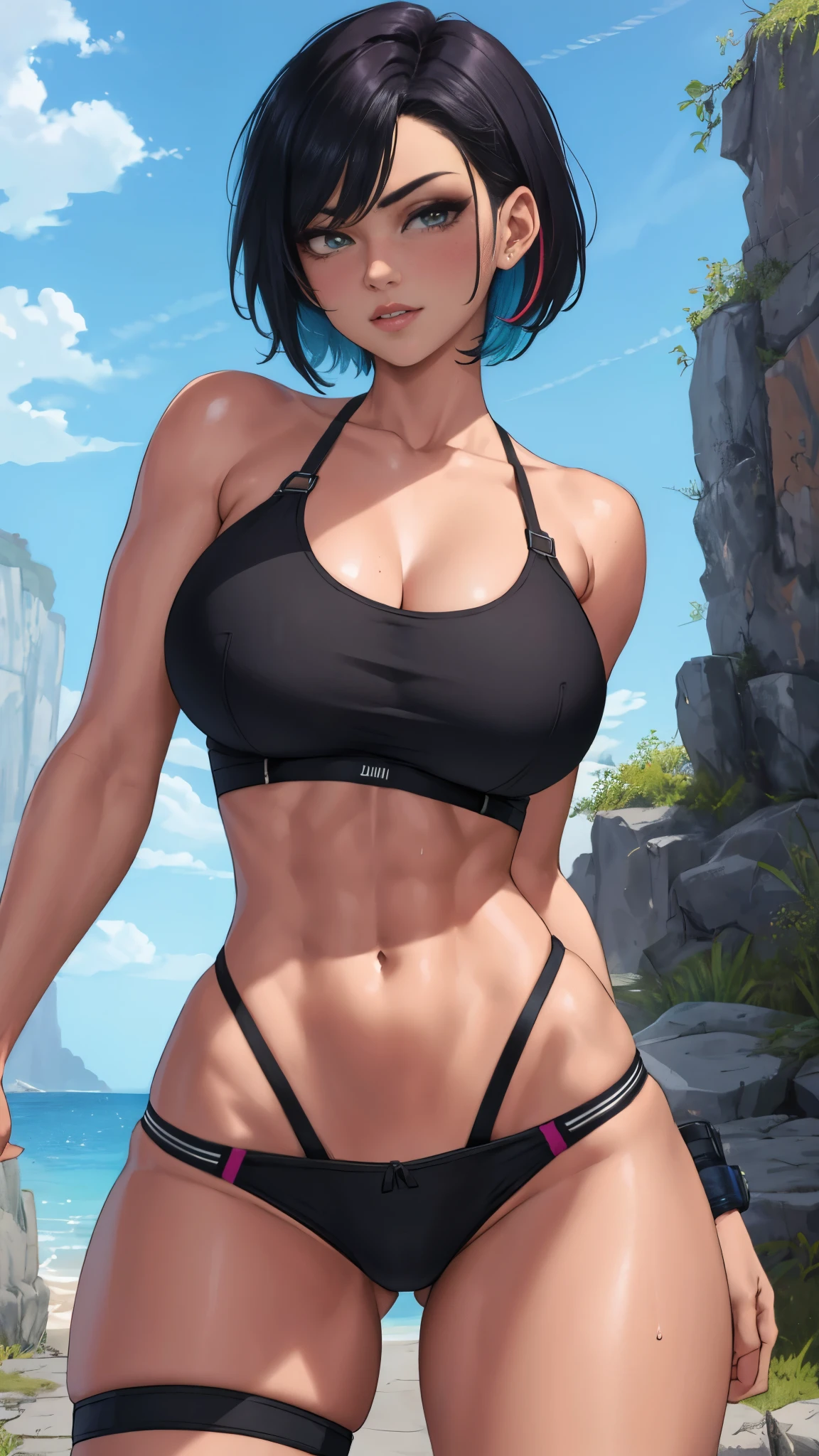 (masterpiece:1.1), best quality, highest quality, perfect anatomy, highres, ultra-detailed, 8k wallpaper, texture, detail, unique, HDR, (extremely detailed CG:1.1), elaborate features, professional photo, beautiful detailed eyes, ray tracing, hentai, perfect face, octane render, realism, innovative,
1girl, close to viewer, sharp focus, hard focus, clearly,
streaked hair, asymmetric hair, (pixie cut:1.1), very short hair,
mature female, chiseled face, sharp eyes,
satisfied,
bike shorts, (tube top:1.1),
gigantic tits, light blush, sweaty, lustrous skin, shiny skin, deep skin, vibrant colors, steam, slightly lips,
outdoors, after workout, exhibitionism, no bra, no pants, big tits, gigantic breast, topless, (((big areolas, visible