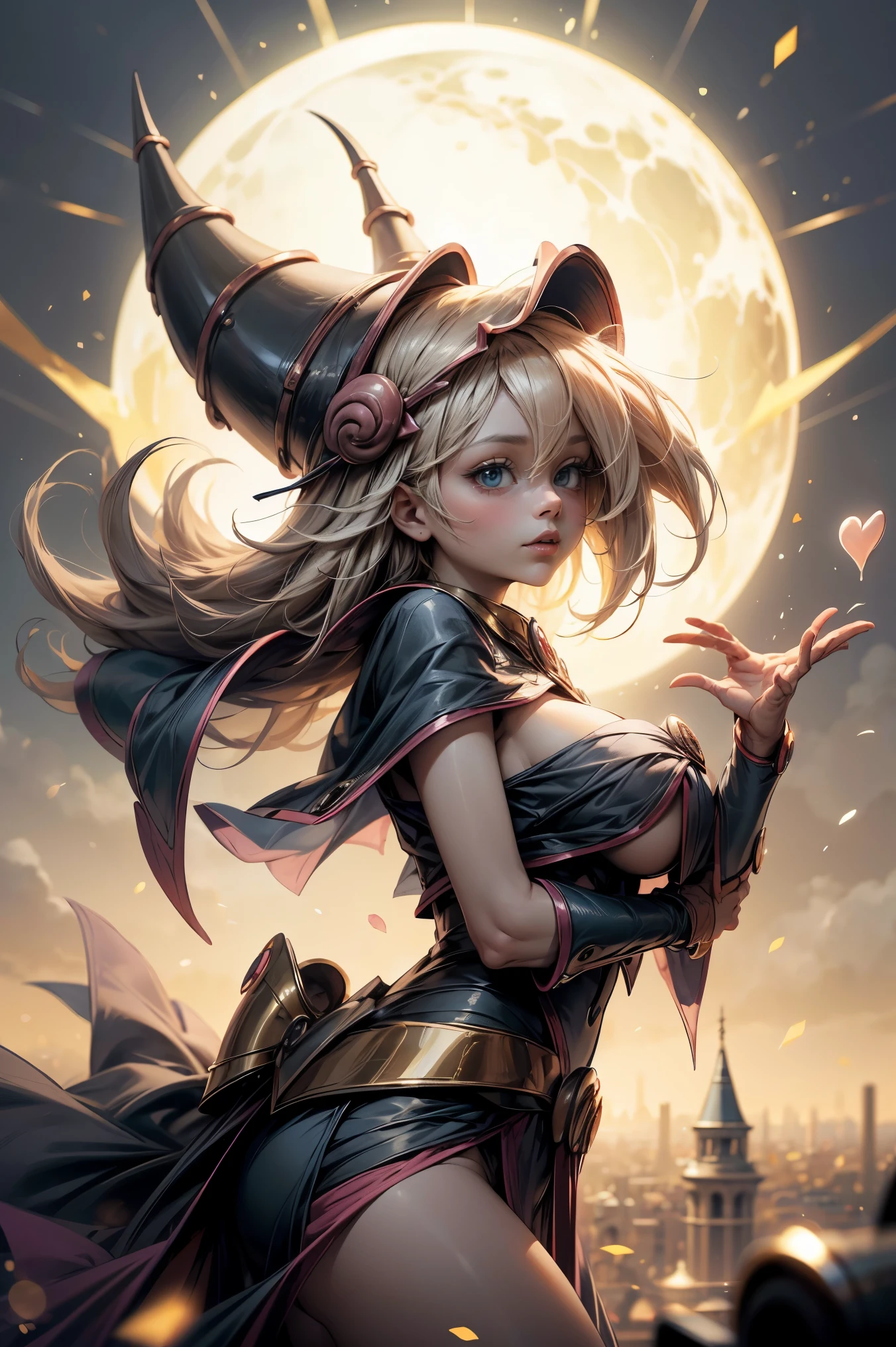 (Obra maestra:1.2), (La mejor calidad:1.2), Perfect lighting, Chica Maga Oscura lanzando un hechizo, In his twenties, flotando en el aire, tetas grandes, escote, blue robe, sombrero grande, desde arriba, Destellos, Yugioh juego, Magic of the Heart. Heart lights, Romantic Heart