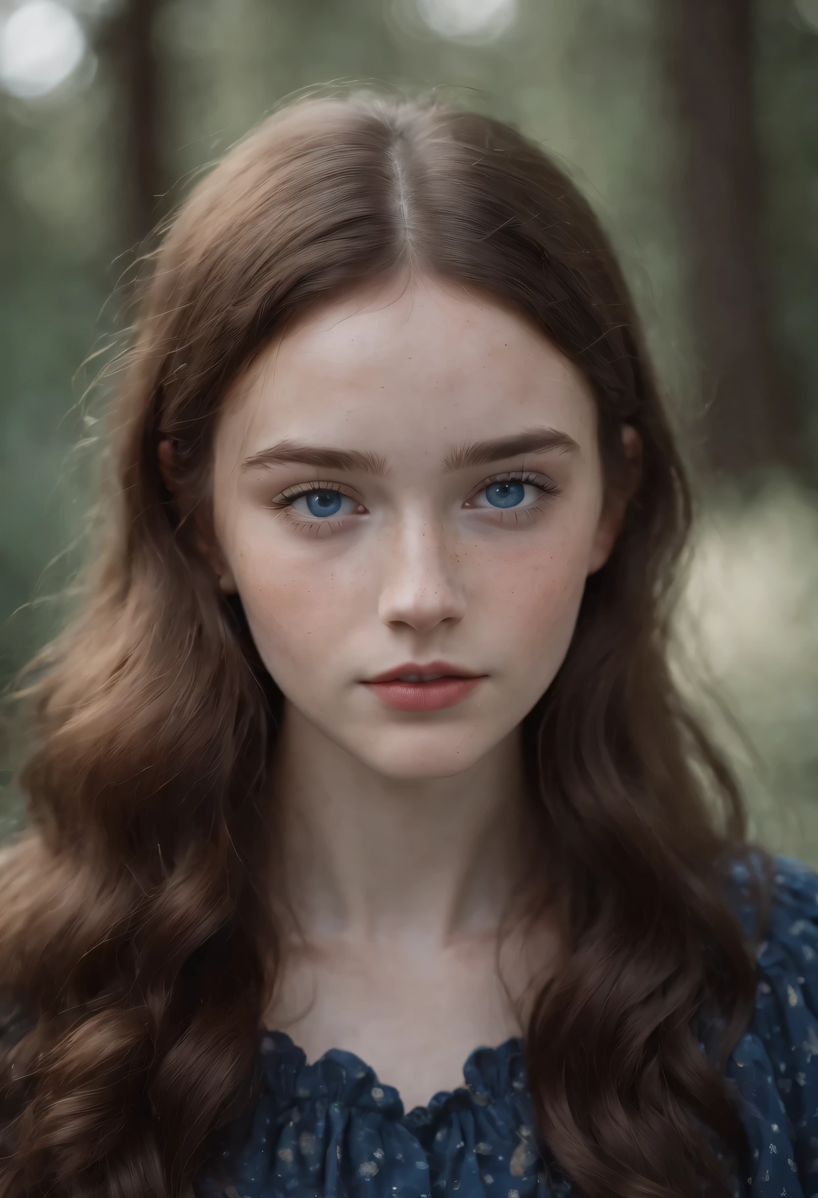 Teenage girl with Russian features, White skin with freckles on her face, Black and wavy hair. With deep blue eyes.,8K.whole body (surreal) (movie) (8K)