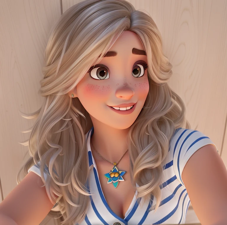 Uma mulher loira, cabelos cacheados, olhos castanhos claros, estilo disney pixar