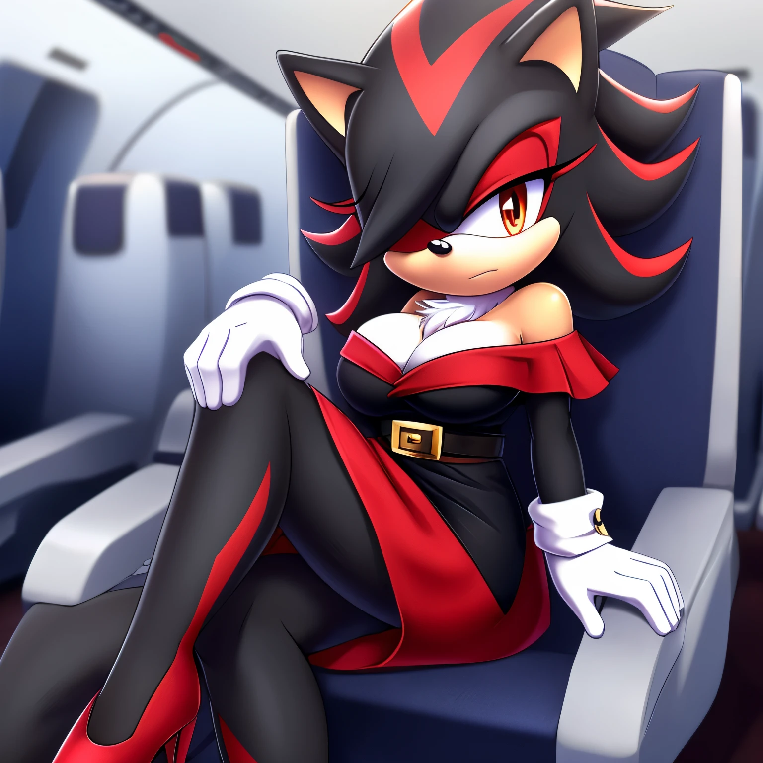 Mobian, female, (hedgehog similar to Shadow the Hedgehog but female), feminine eyelashes, large breasts, black fur, hair bangs, perfect feminine figure, intricate details, (detailed background), anime style, row of airplane seats, sharp focus, serious, furry female, (solo), hair over one eye, ((short white off-shoulder dress)), long white gloves, a black sash belt, tight dark red business skirt, dark red heels, (((full body black fur))), ((white tuft of chest fur above cleavage))
