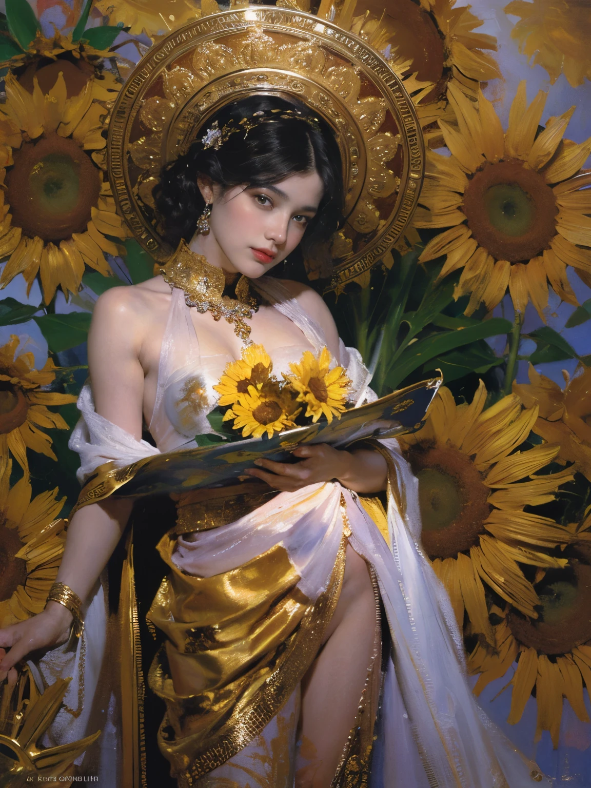 (masterpiece, top quality, best quality, official art, beautiful and aesthetic:1.2), (1girl), extreme detailed,(fractal art:1.3),colorful,highest detailed chiaroscuro technique on painting of a woman holding a bouquet of sunflowers in front of a golden background, hyperrealistic art nouveau, chie yoshii, andrey remnev, by Yamagata Hiro, mucha klimt and tom bagshaw, inspired by J. C. Leyendecker, inspired by J.C. Leyendecker, inspired by James C. Christensen, money everywhere, very rich and elegant, (oil painting:1.5), (NSFW:1.2), a woman joyfully twirling in the raining paint, paint raining, thick paint rainbow hair, body covered with paint, joyful, ((sfw)), calm facial expression, relaxed, gentle smile, (clothes made of liquid paint)), front view, ((small breasts, relaxed face, relaxed shoulders)), ((dynamic pose)), liquid details, correct anatomy, both arms visible, Create an illustration using the soft and ethereal qualities of watercolor. Beautiful pink skin anime model full body, sun-bathing on floating cloud along the suns surface, enticing eyes, curly hair dreamy, background thick clouds,, hyperdetailed, detailed, (masterpiece) . high fashion, luxurious, extravagant, stylish, , opulent, elegance, stunning beauty, professional, high contrast, detailed, Depict a dreamy, whimsical scene with elements that seem to merge with the background