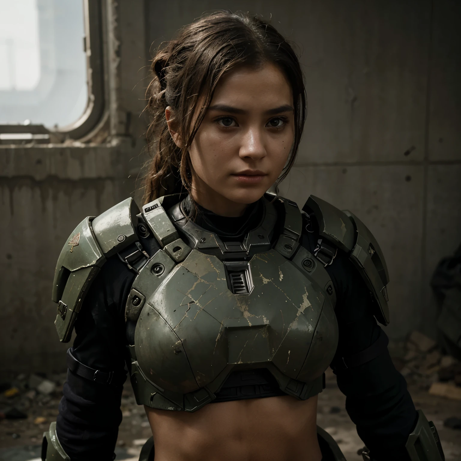 "Create a vivid description of a post-apocalyptic girl wearing a beautiful suit, surviving amidst the remnants of a shattered world, blending the gritty resilience of 'Halo's Master Chief and the intricate societal nuances from 'Dune.' Embody her strength, her unique survival tactics, and the complexities she faces in a world where the echoes of both futuristic warfare and feudal hierarchy linger."