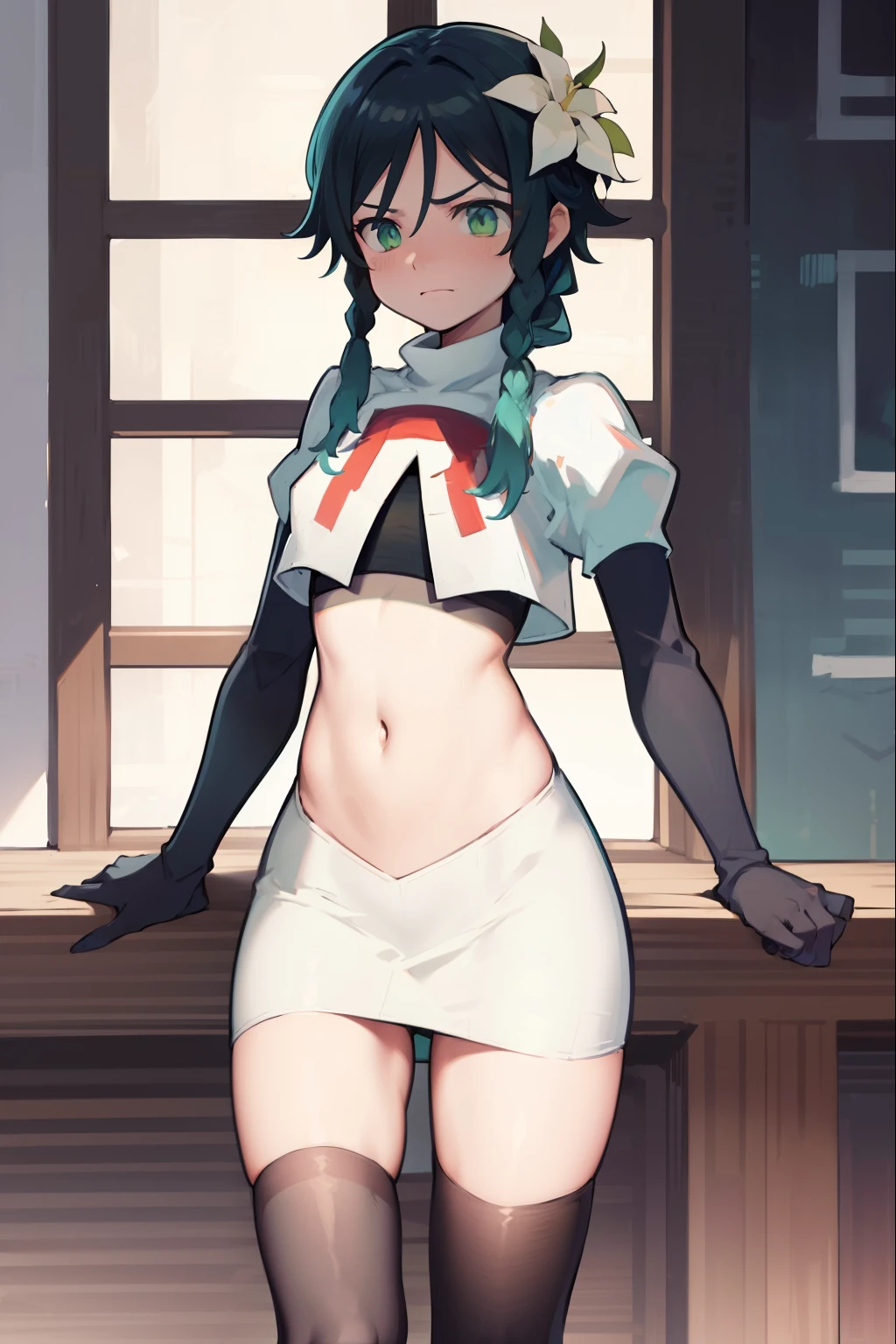 absurdres,venti,1boy, male focus, trap,black hair, green-blue hair, hair braid,hair flower,aqua green eyes,crossdressing,1boy,team rocket,team rocket uniform,white skirt,red letter R,crop top,black thigh-highs,black elbow gloves, embarrassed, blush