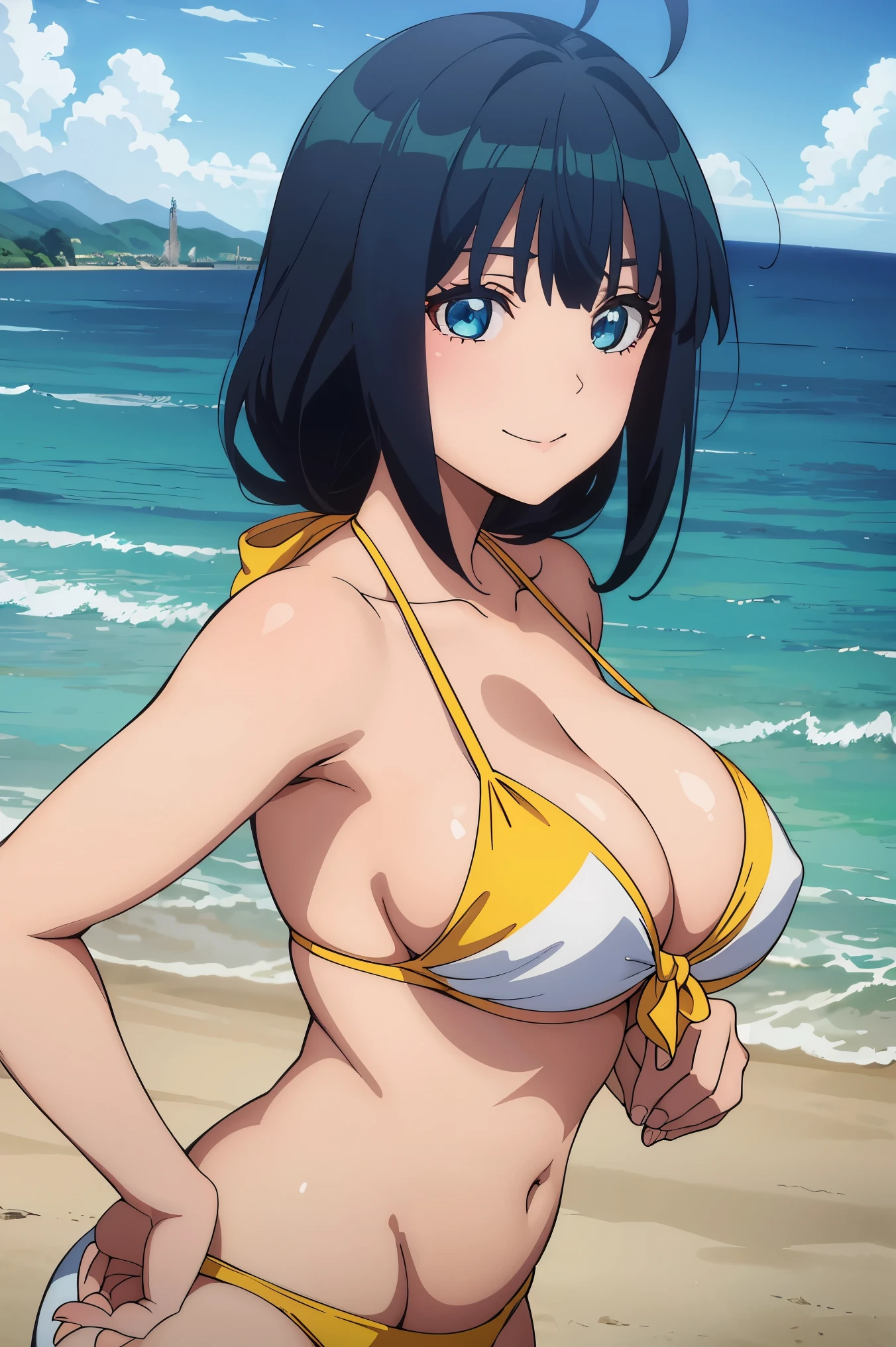 high resolution、masterpiece、anime style、Anime style, ponnashi,jippenshia nashiko,bikini,large breasts,beach,sea,smile,5fingers