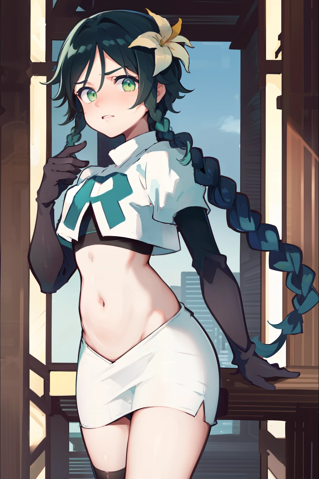 absurdres,venti,1boy, male focus, trap,black hair, green-blue hair, hair braid,hair flower,aqua green eyes,crossdressing,1boy,team rocket,team rocket uniform,white skirt,red letter R,crop top,black thigh-highs,black elbow gloves, embarrassed, blush