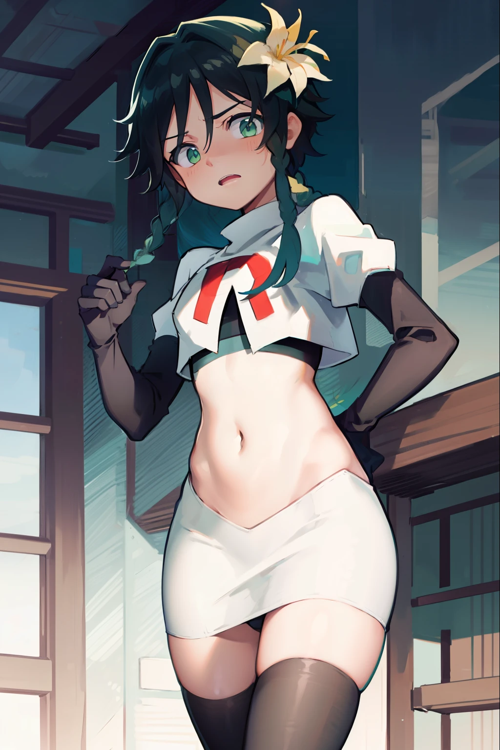 absurdres,venti,1boy, male focus, trap,black hair, green-blue hair, hair braid,hair flower,aqua green eyes,crossdressing,1boy,team rocket,team rocket uniform,white skirt,red letter R,crop top,black thigh-highs,black elbow gloves, embarrassed, blush