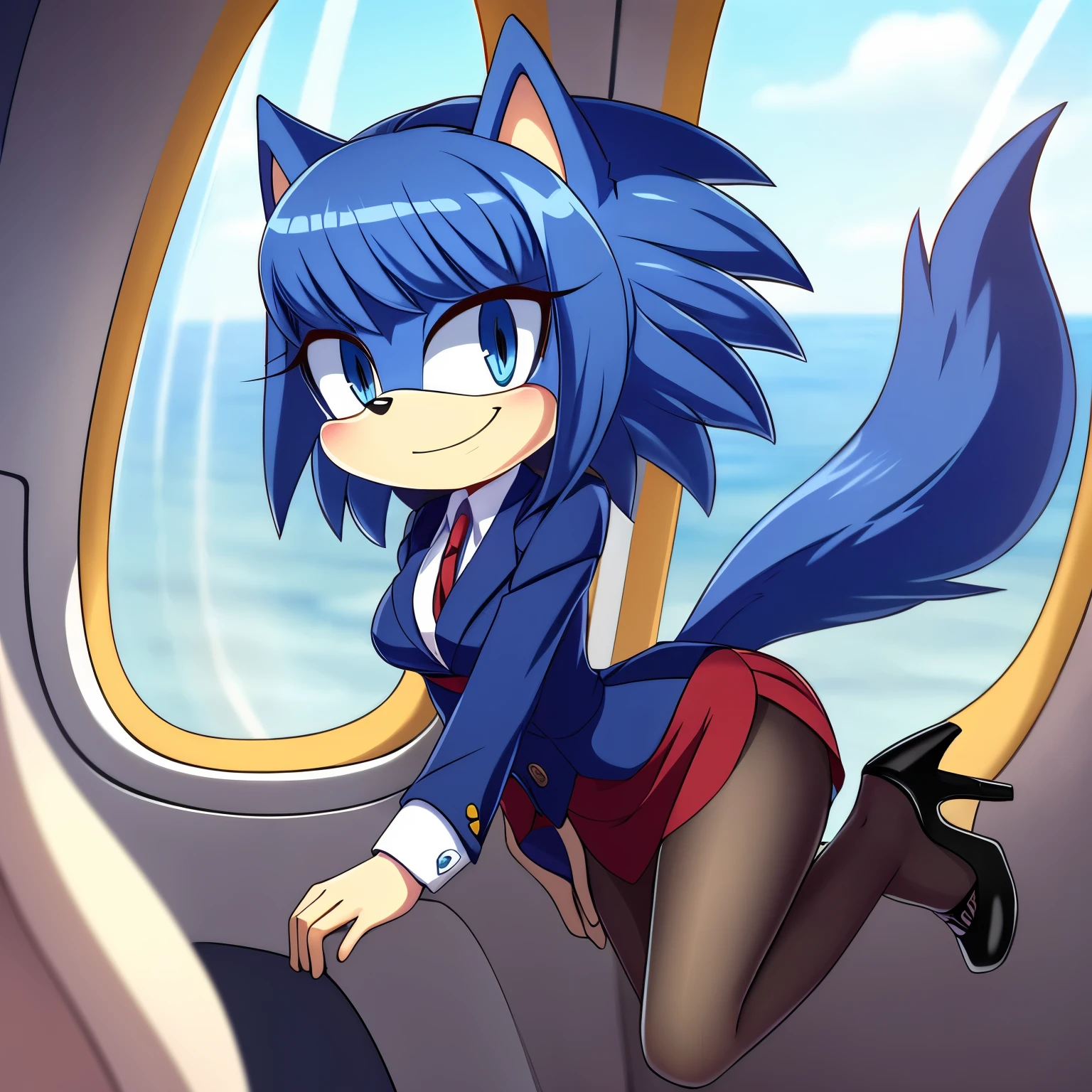 Female, Mobian, Hedgehog, (((fluffy dark blue fur))), (wolf tail), hair bangs, medium hair, hair over shoulders, ocean blue eyes, tan colored muzzle, flight attendant dress suit, tight skirt, black pantyhose, medium breasts, heels, (detailed background), lane of the inside of a plane, smile, ((2D Anime Style)), solo, 1girl