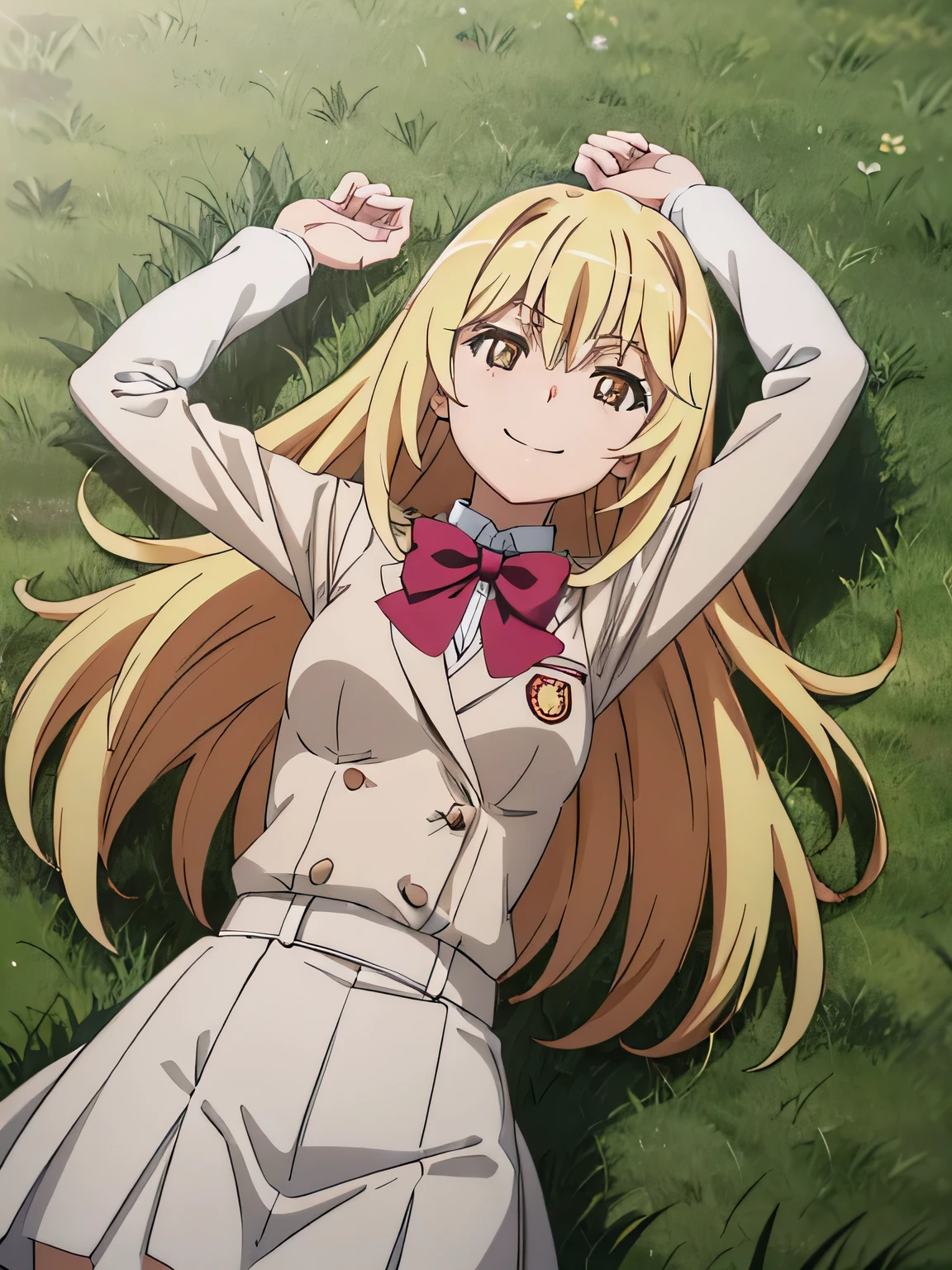 (((pixel-perfect, detail-perfect))), solo, 1girl, misaki shokuhou, tokiwadai school uniform, bow, white elbow gloves, looking at viewer, closed_mouth, spread arms, arms up, cowboy shot, smile, on back, on grass, 