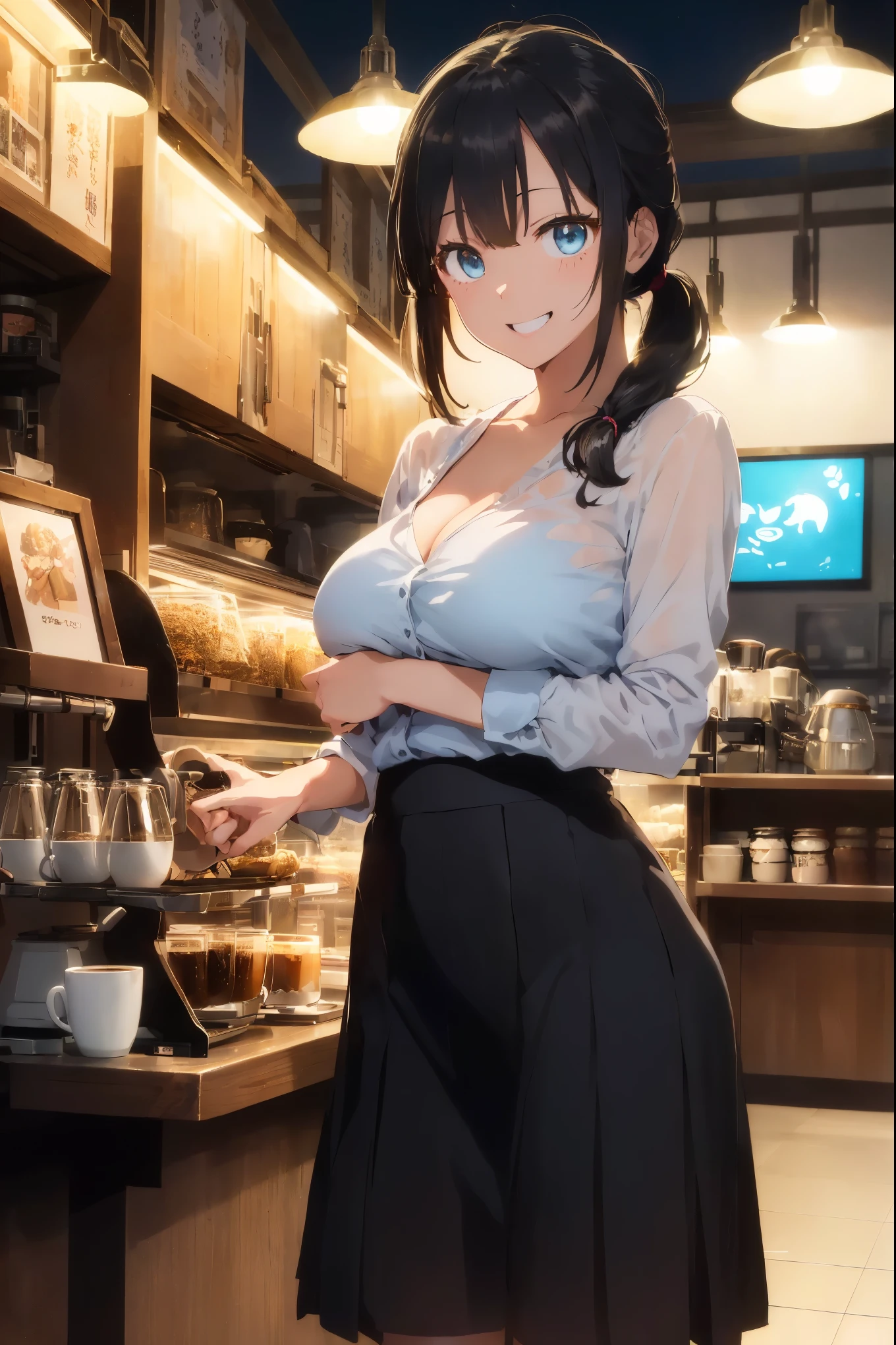 ((best quality)), ((masterpiece)), ((detailed)), (((perfect face))), (((slender 18yo teenage girl))), (((medium breasts))), ((((topless)))), (((dark blue pleated skirt))), ((dark brown hair)), ((short ponytail)), (((blue eyes))), ((shy:1.3)), ((blushing:1.5)), (((bare chest))), ((bare stomach)), ((bare shoulders)), (((bare arms))), (((standing))), ((((fancy café, windows)))), (((carrying tray of cups)))