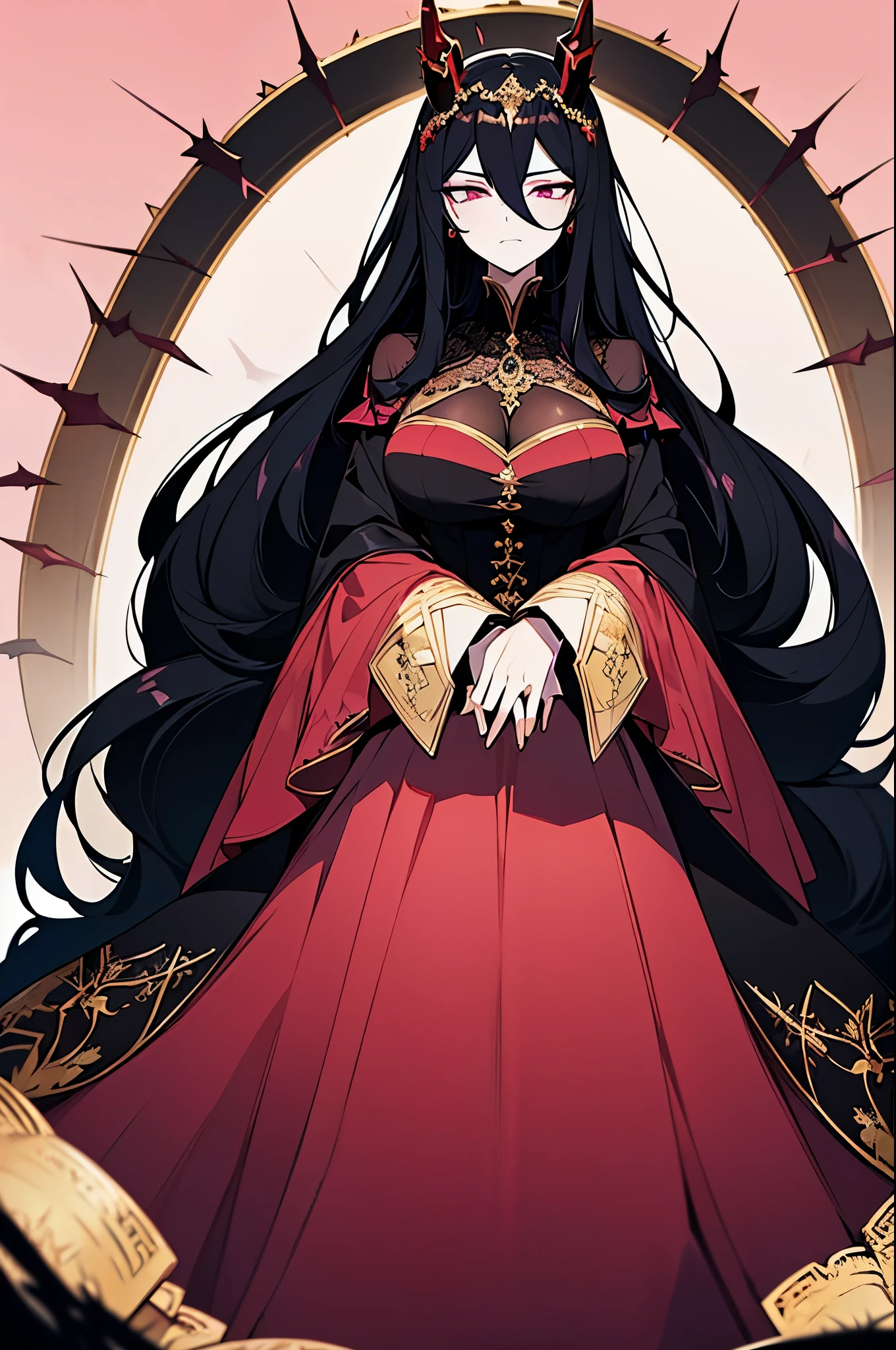((anime artstyle)),(Masterpiece),(Best Quality), (Super Detail),((Very Delicate and Beautiful)),((Solo)),((full body)),((1 arrogant demoness in black red and gold gorgeous full ball gown with voluminous fluffy skirt)),((BlingBling)),((arrogant)),(((stoic expression))),(Purple eyes),Sharp eyes, detailed face and eyes, jewel-like eyes,((Very Long voluminous black Hair)),Straight Hair,((Bangs between eyes)),((gorgeous full embroidery and lace)),gorgeous corsage, See-through, gorgeous full hair ornament, gorgeous gnarled crown of thorns, (((pale pink skin))), ((Plump breasts)), skindentation, ((full body)), ((hoop skirt, crinoline)), gorgeous full jewelry ornaments, Dynamic Angle, Looking at viewer, baroness of hell, fields of briar and thorns, black briar, (((embroidery made of thorns, black red and gold gorgeous full ball gown with voluminous fluffy skirt))), volumetric lighting, (((on knees))), kneeling, outside, wasteland, surrounded by thorns, dreary black sky