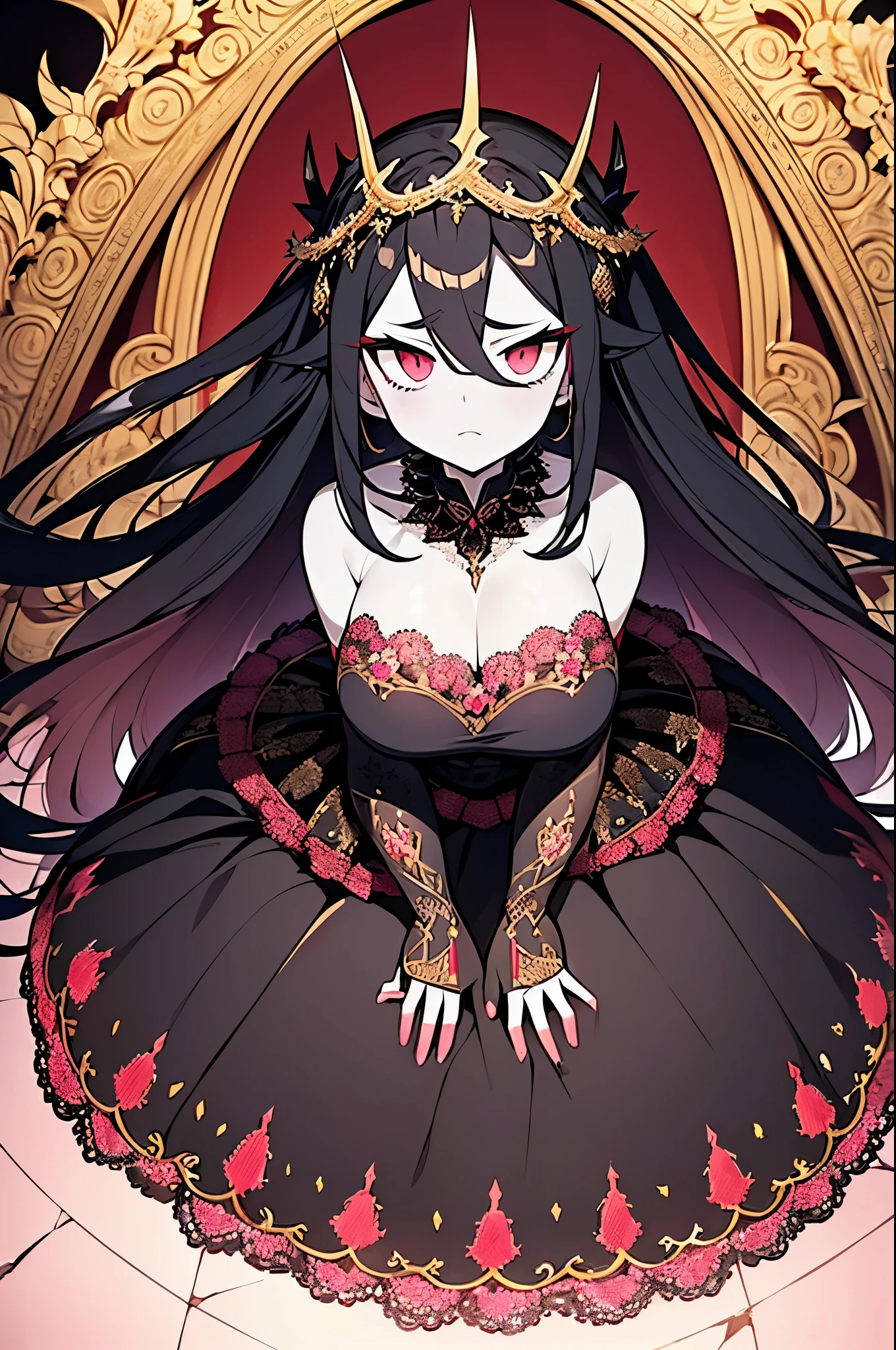 ((anime artstyle)),(Masterpiece),(Best Quality), (Super Detail),((Very Delicate and Beautiful)),((Solo)),((full body)),((1 arrogant demoness in black red and gold gorgeous full ball gown with voluminous fluffy skirt)),((BlingBling)),((arrogant)),(((stoic expression))),(Purple eyes),Sharp eyes, detailed face and eyes, jewel-like eyes,((Very Long voluminous black Hair)),Straight Hair,((Bangs between eyes)),((gorgeous full embroidery and lace)),gorgeous corsage, See-through, gorgeous full hair ornament, gorgeous gnarled crown of thorns, (((pale pink skin))), ((Plump breasts)), skindentation, ((full body)), ((hoop skirt, crinoline)), gorgeous full jewelry ornaments, Dynamic Angle, Looking at viewer, baroness of hell, fields of briar and thorns, black briar, (((embroidery made of thorns, black red and gold gorgeous full ball gown with voluminous fluffy skirt))), volumetric lighting, (((on knees))), kneeling, outside, wasteland, surrounded by thorns, dreary black sky