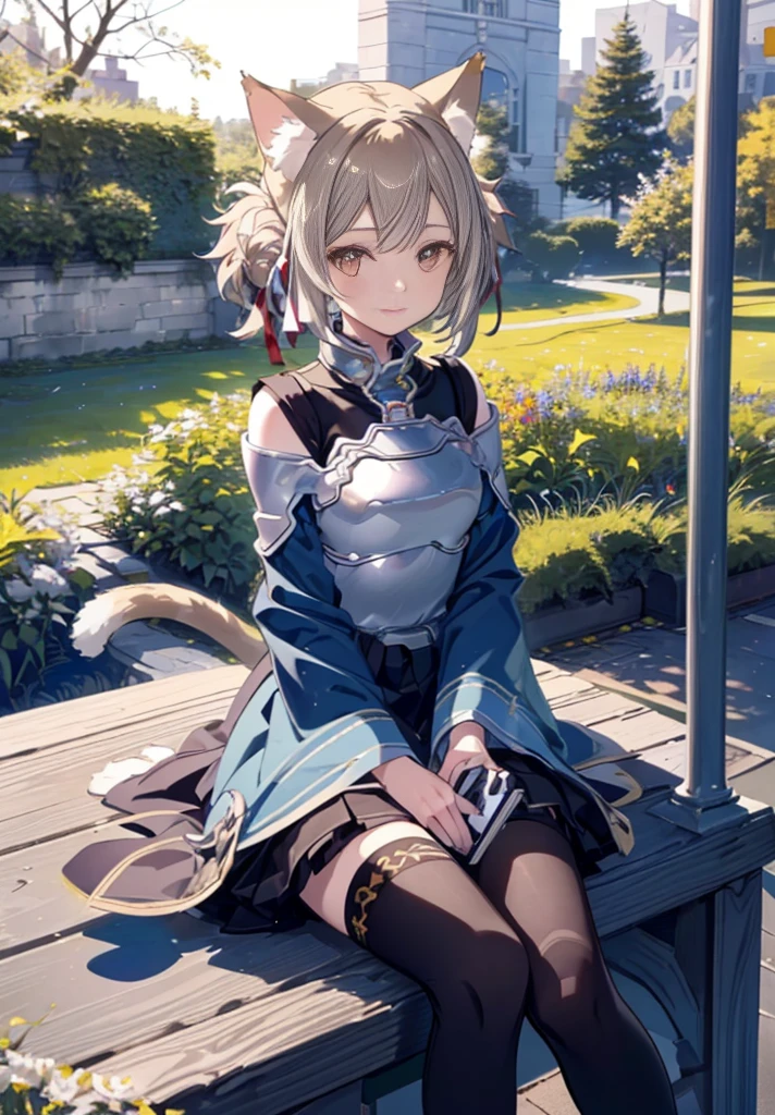 (photograph:1.3), high detail, silica_Aro, alone, smile, sitting, flower garden,looking at the viewer, crown of flowers on the head,, off shoulder sweater,mini skirt,White Knee High Socks,brown short boots,Cat ear,cat tail, (High praise, attractive, fascinating, exciting, nice, impressive:1.3), beautiful, (very detailed, high quality:1.3)