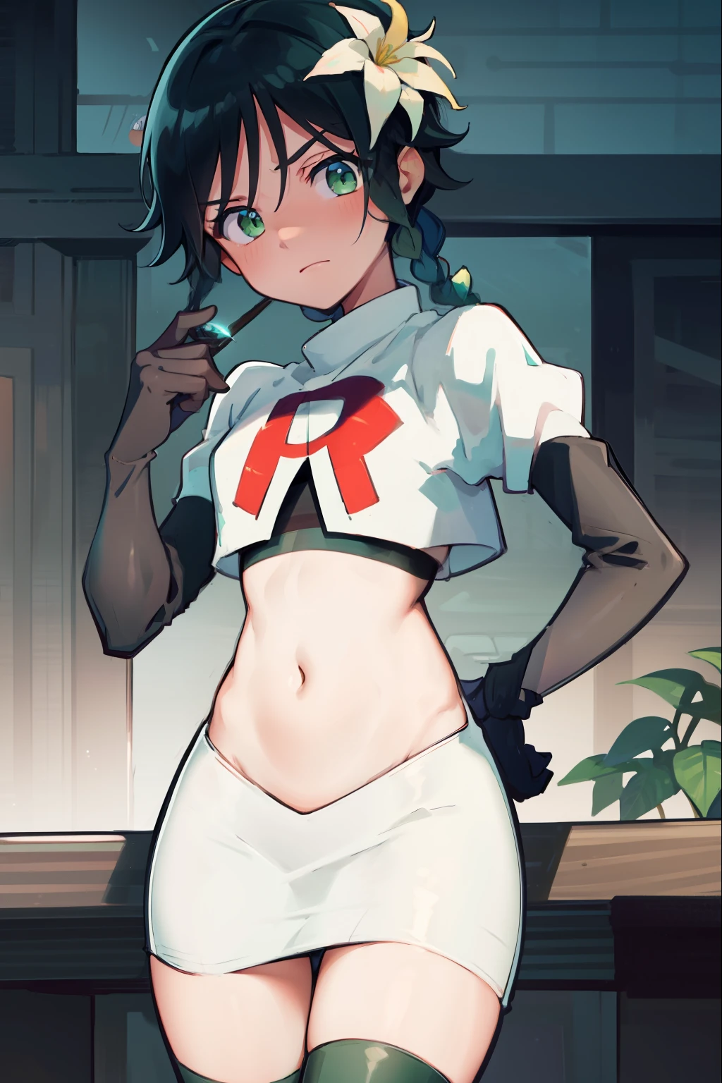 absurdres,venti,1boy, male focus, trap,black hair, green-blue hair, hair braid,hair flower,aqua green eyes,crossdressing,1boy,team rocket,team rocket uniform,white skirt,red letter R,crop top,black thigh-highs,black elbow gloves, embarrassed, blush