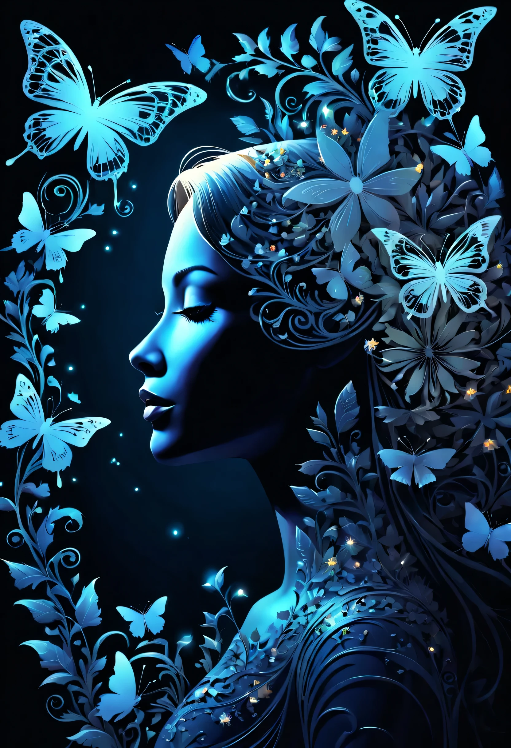 a silhouette of a woman’s profile surrounded by an intricate design consisting of various elements like butterflies, flowers, and birds, all illuminated with a soft glow against a dark background.