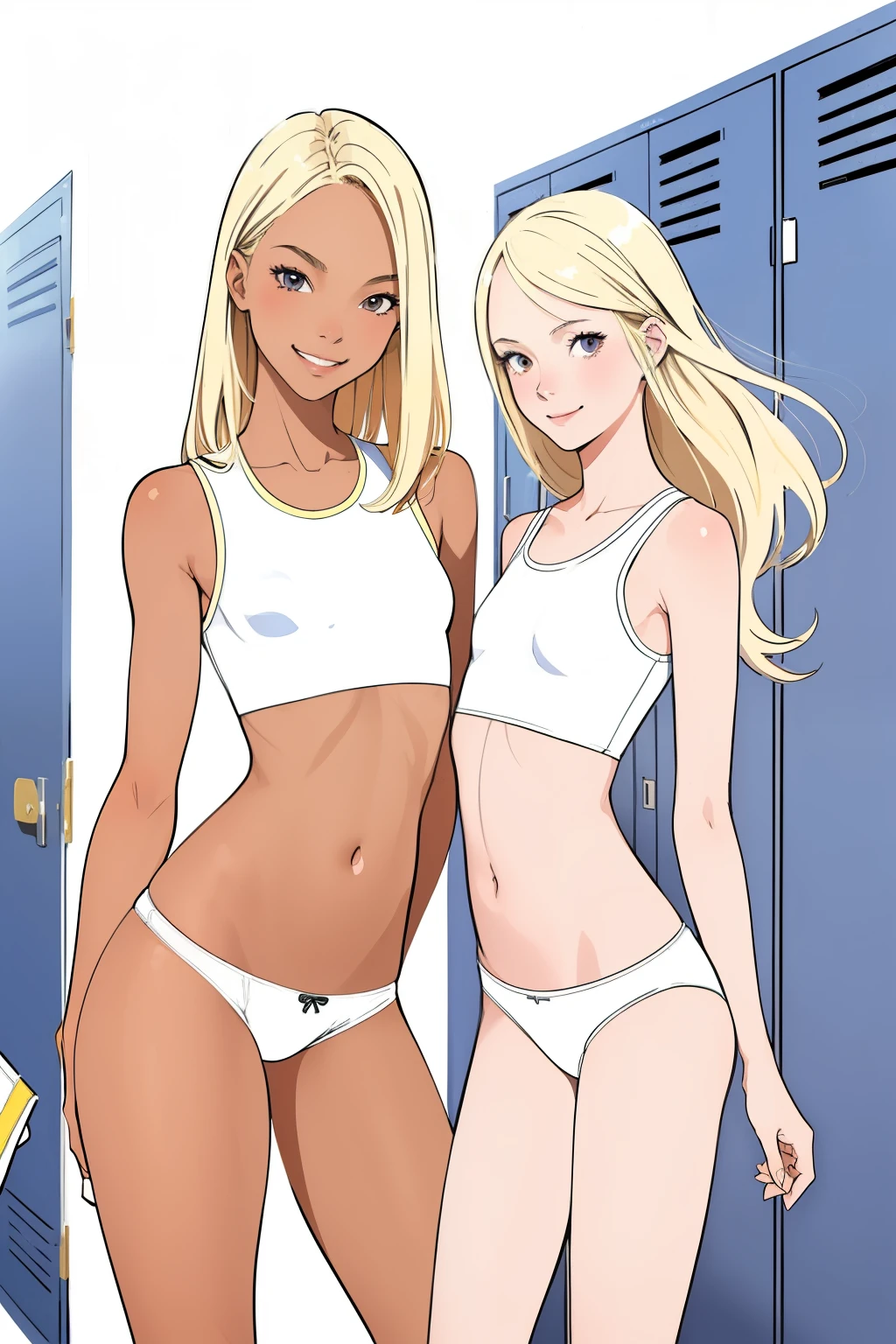 (super flat, flat shading, flat color:1.1), locker room, 2 girls, , high school girl, slim, small breasts, blonde hair, (sunburned skin:0.5), white skin, white crop top, (white panties), smile, Self snap, locker room, bright sunshine, best shadows, watercolor,