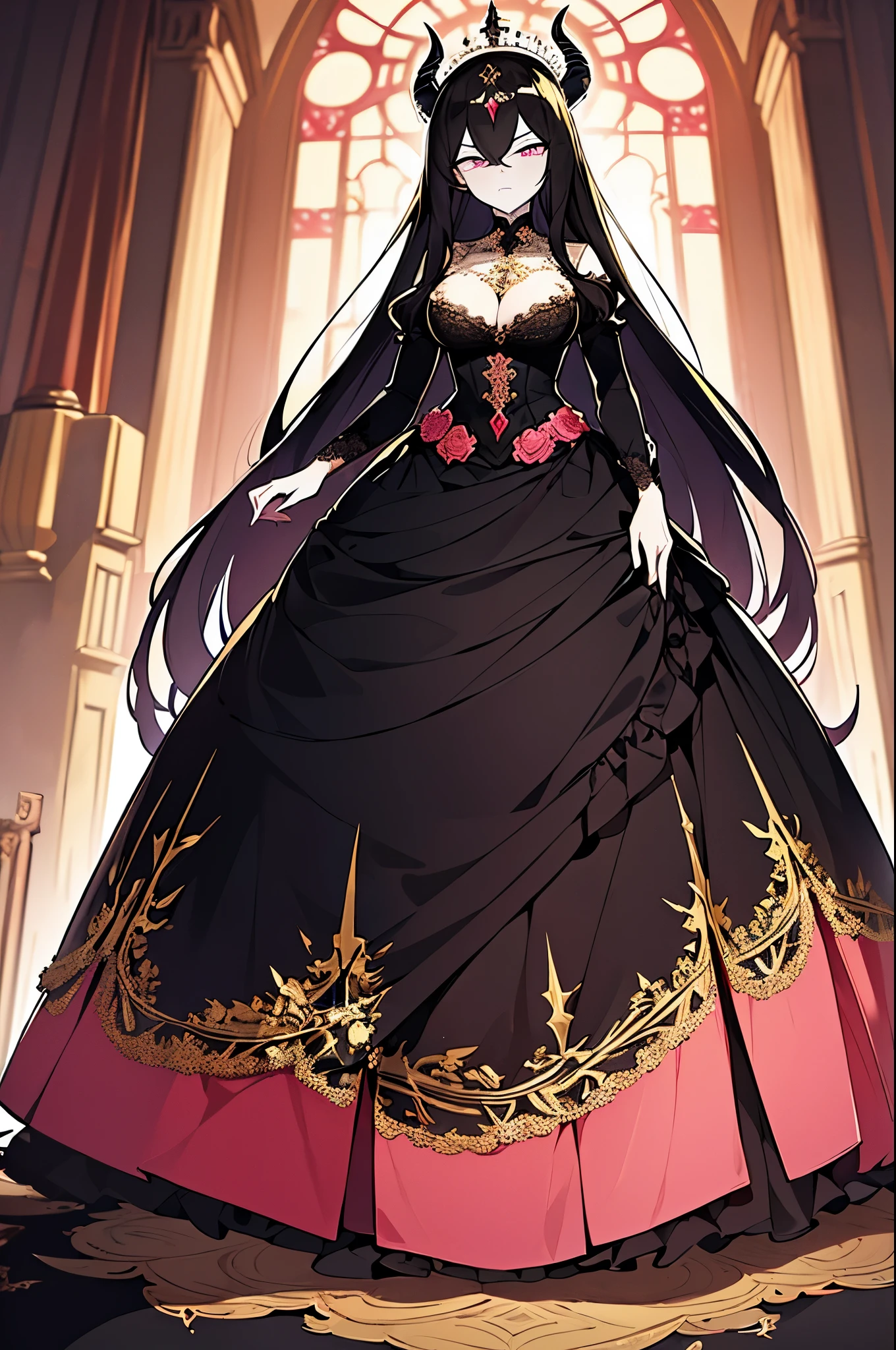 ((anime artstyle)),(Masterpiece),(Best Quality), (Super Detail),((Very Delicate and Beautiful)),((Solo)),((full body)),((1 arrogant demoness in black red and gold gorgeous full ball gown with voluminous fluffy skirt)),((BlingBling)),((arrogant)),(((stoic expression))),(Purple eyes),Sharp eyes, detailed face and eyes, jewel-like eyes,((Very Long voluminous black Hair)),Straight Hair,((Bangs between eyes)),((gorgeous full embroidery and lace)),gorgeous corsage, See-through, gorgeous full hair ornament, gorgeous gnarled crown of thorns, (((pale pink skin))), ((Plump breasts)), skindentation, ((full body)), ((hoop skirt, crinoline)), gorgeous full jewelry ornaments, Dynamic Angle, Looking at viewer, baroness of hell, fields of briar and thorns, black briar, (((embroidery made of thorns, black red and gold gorgeous full ball gown with voluminous fluffy skirt))), volumetric lighting, (((on knees))), kneeling, outside, wasteland, surrounded by thorns, dreary black sky