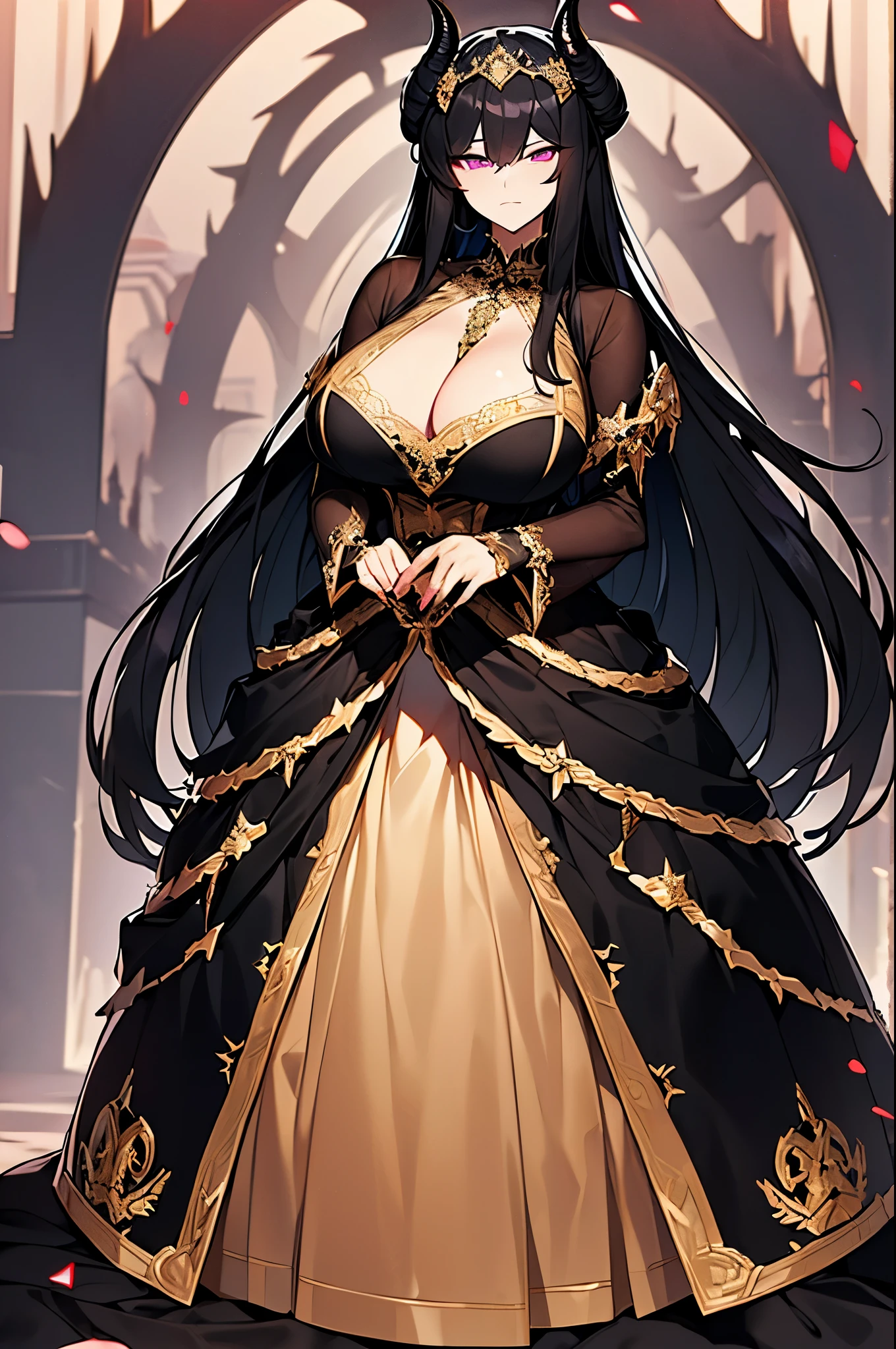 ((anime artstyle)),(Masterpiece),(Best Quality), (Super Detail),((Very Delicate and Beautiful)),((Solo)),((full body)),((1 arrogant demoness in black red and gold gorgeous full ball gown with voluminous fluffy skirt)),((BlingBling)),((arrogant)),(((stoic expression))),(Purple eyes),Sharp eyes, detailed face and eyes, jewel-like eyes,((Very Long voluminous black Hair)),Straight Hair,((Bangs between eyes)),((gorgeous full embroidery and lace)),gorgeous corsage, See-through, gorgeous full hair ornament, gorgeous gnarled crown of thorns, pale gray skin, ((gigantic breasts, Long breasts)), skindentation, ((full body)), ((hoop skirt, crinoline)), gorgeous full jewelry ornaments, Dynamic Angle, Looking at viewer, baroness of hell, throne of thorns, black briar, (((embroidery made of thorns, black red and gold gorgeous full ball gown with voluminous fluffy skirt))), (full body)