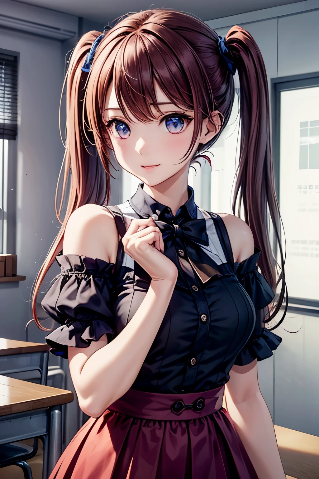 ((1 girl)), ((highest quality)), (super detailed), (very detailed CG 統合 8k 壁紙), very detailed, High resolution raw color photos, professional photography, (twin tails), brown hair, wonderful face and eyes, pink eyes, (amazingly beautiful girl), School, classroom, off shoulder,