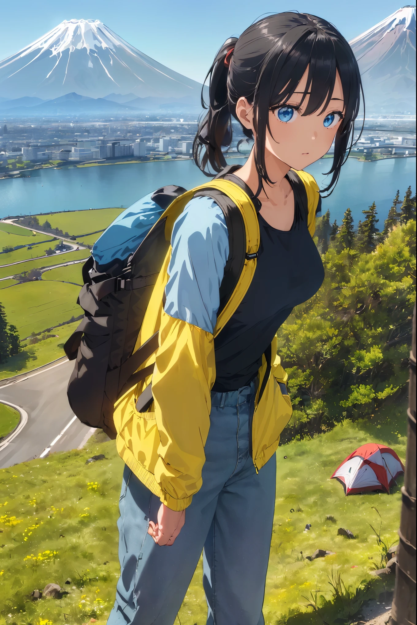 top-quality、Top image quality、​masterpiece、teens girl((18year old、 Ager、Best Bust、Medium bust,wide open breast tea、light blue eyerest, bionde、poneyTail、A slender,Large valleys、Yellow jacket、Black Gloves、Black tank top、blue military pants、flash lights、行走、Tired face、camping rucksack)),hiquality、Beautiful Art、Background with((jpn、Mt fuji、mountain road、the woods、natta))masutepiece、depth of fields、movie、visualart、Perfect Art